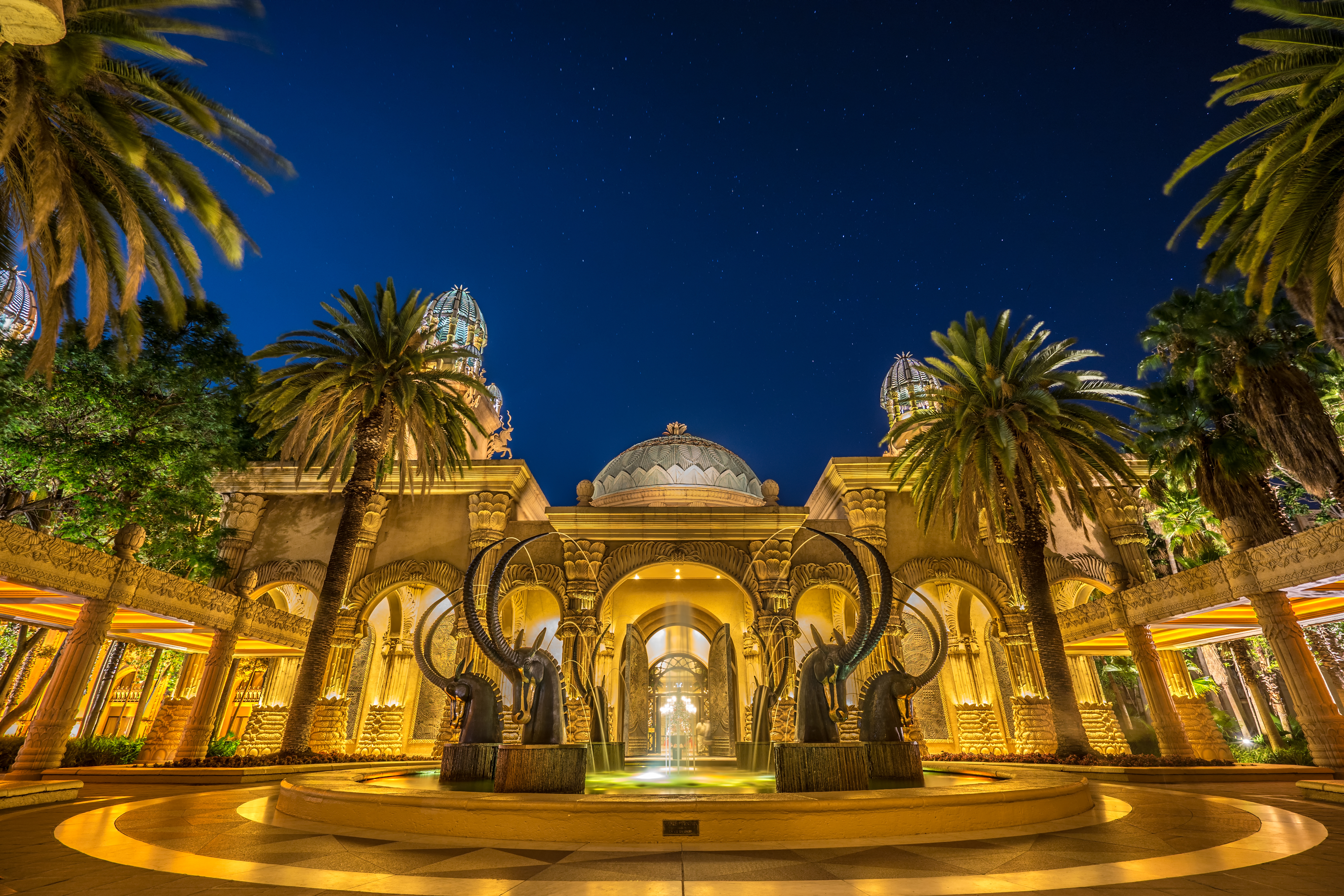 Long exposure night shot of the Sable Fountain at the Sun City Resort in South Africa. The fountain is illuminated with colorful lights and surrounded by palm trees.