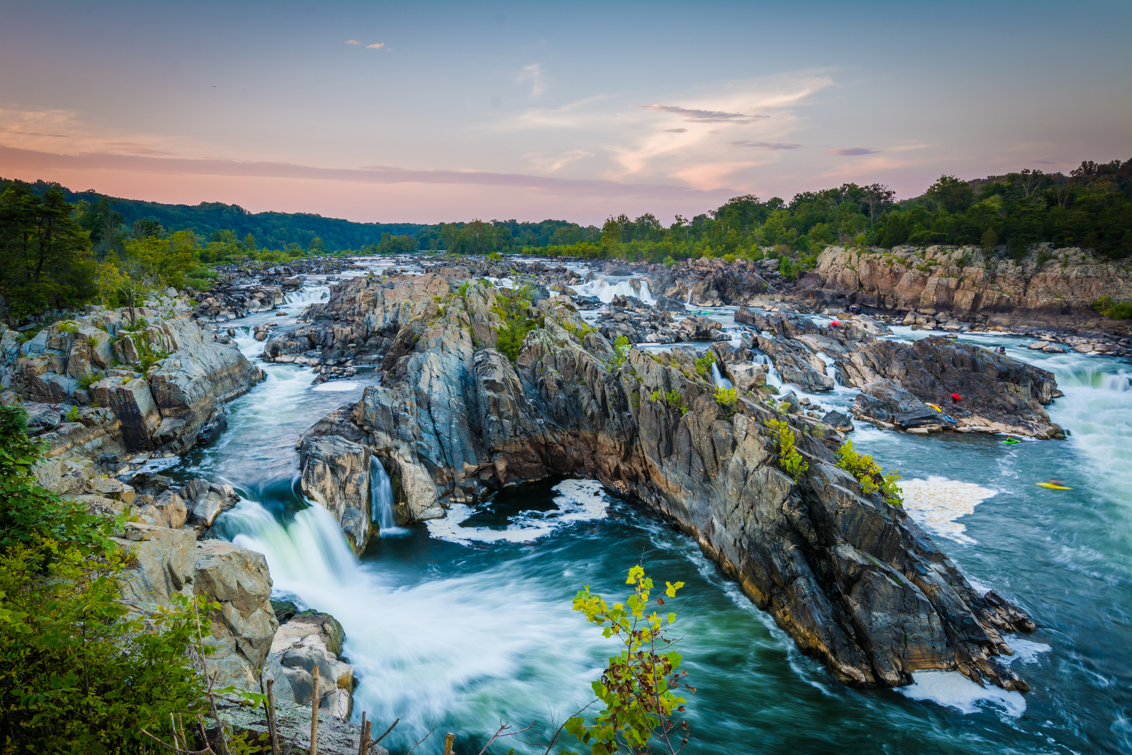 View of rapids in the Potomac River at sunset, at Great Falls National Park, Virginia