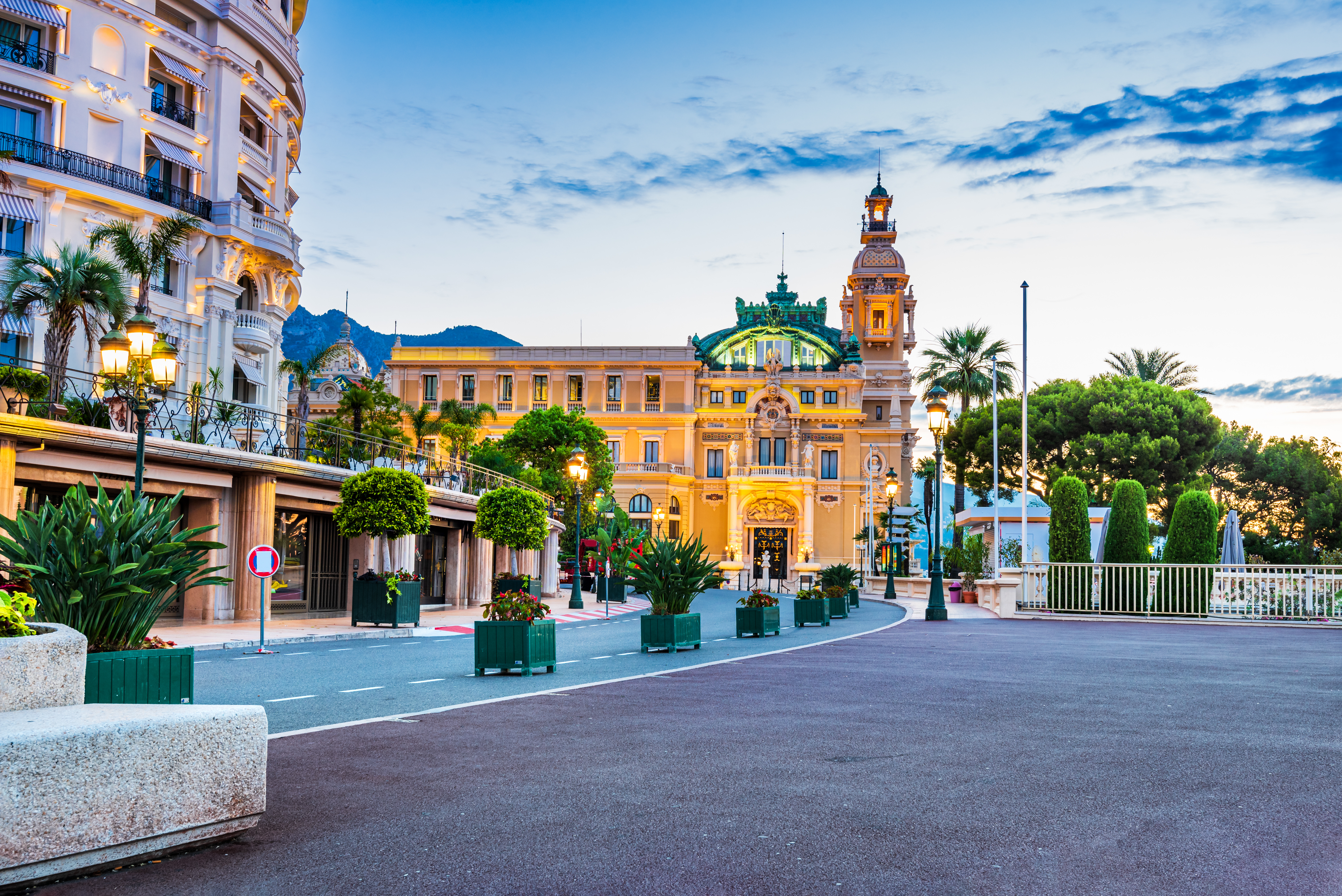 Street view at sunset in Monte Carlo, French Riviera