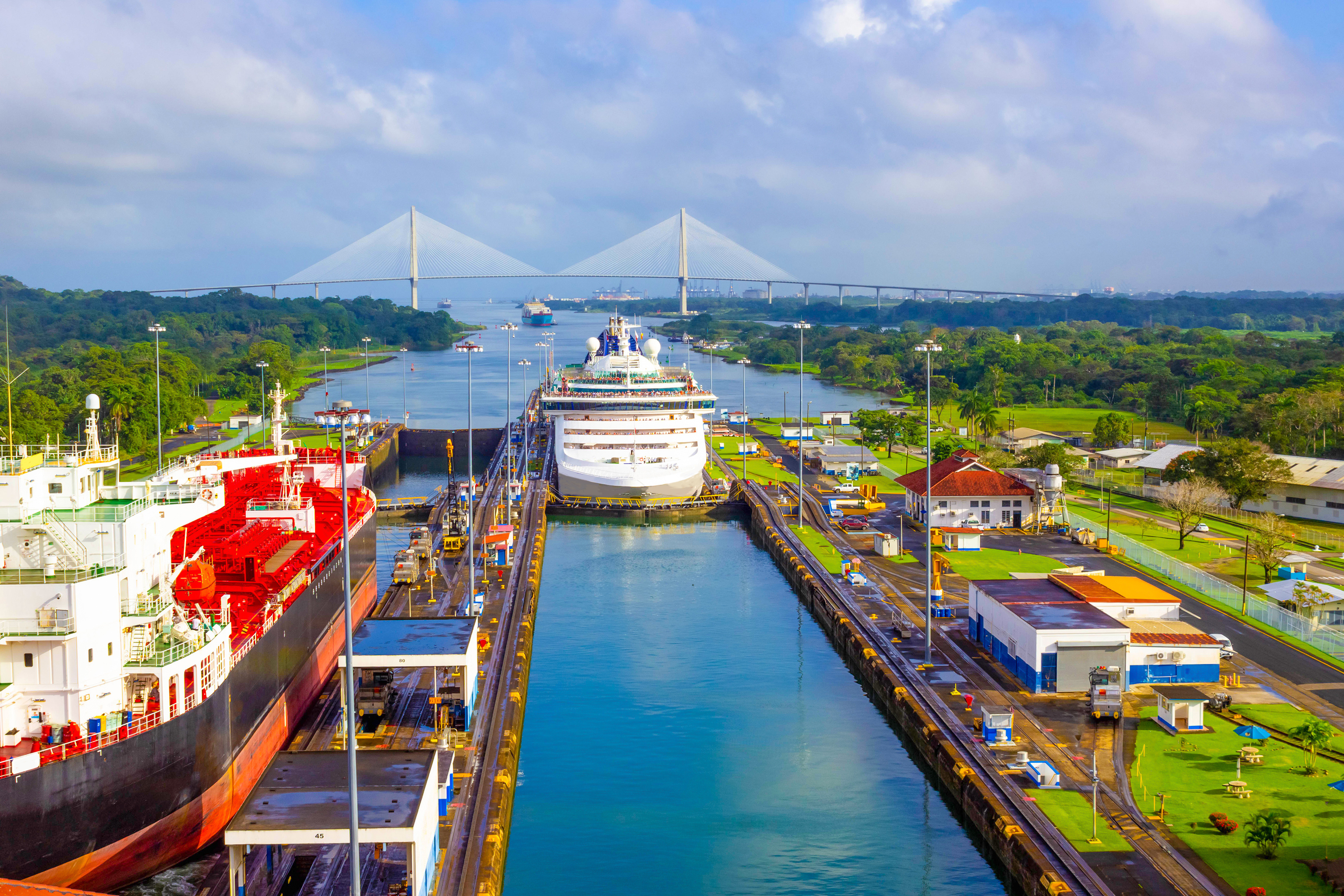 Cruise ship going through the locks of the famous canal