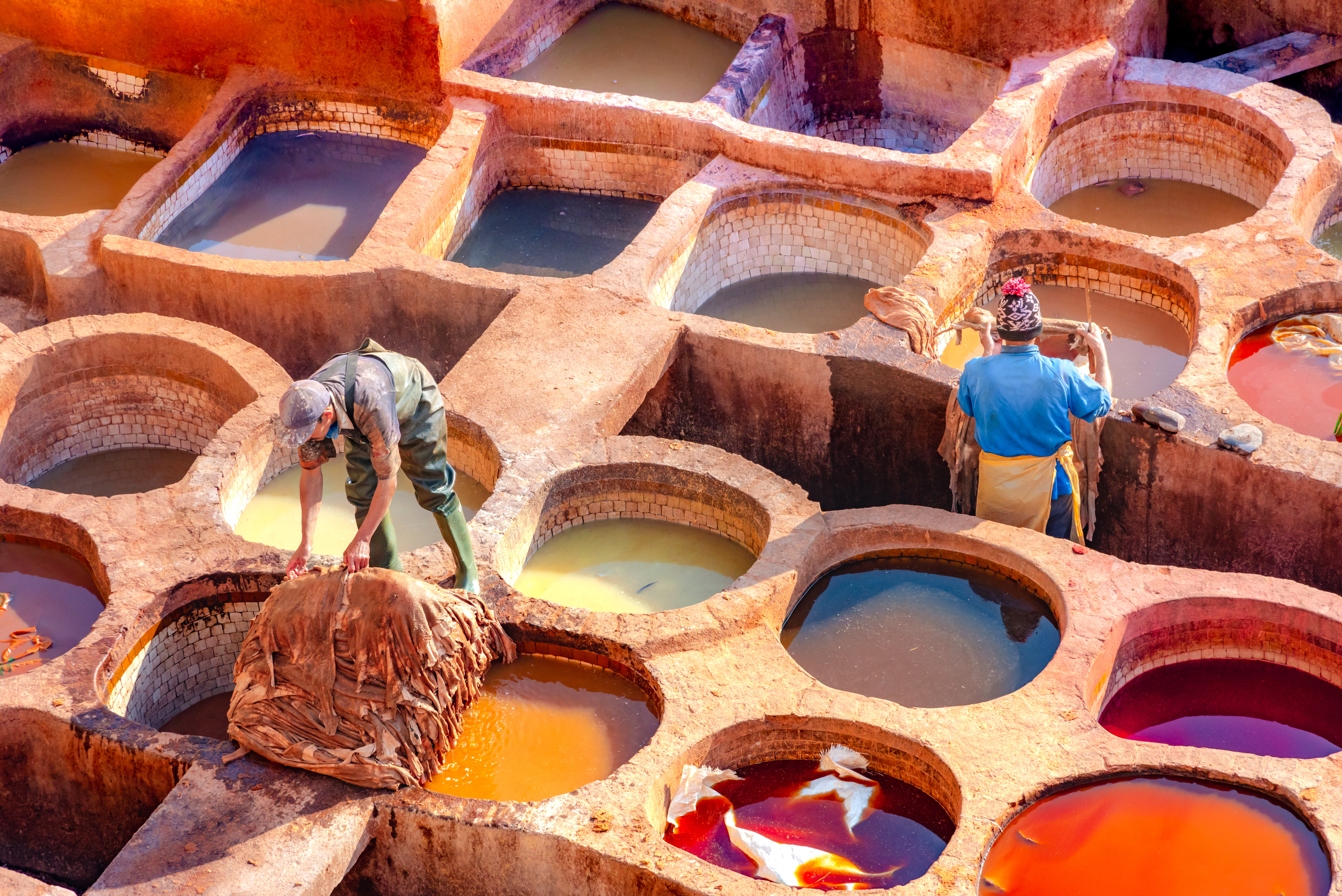Leather dying in a traditional tannery in the city of Fez, Morocco