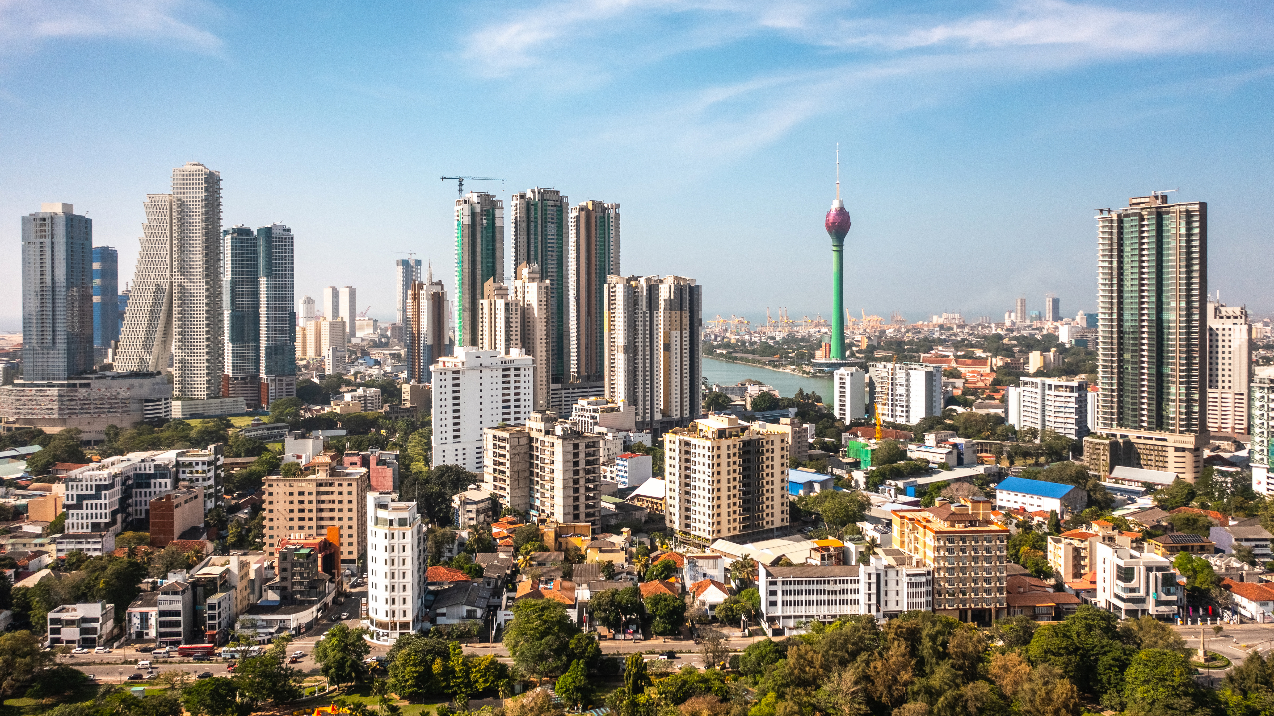 Skyline of Colombo, Sri Lanka featuring Altair towers, a 68 floor vertical tower and 63 floor for leaning tower