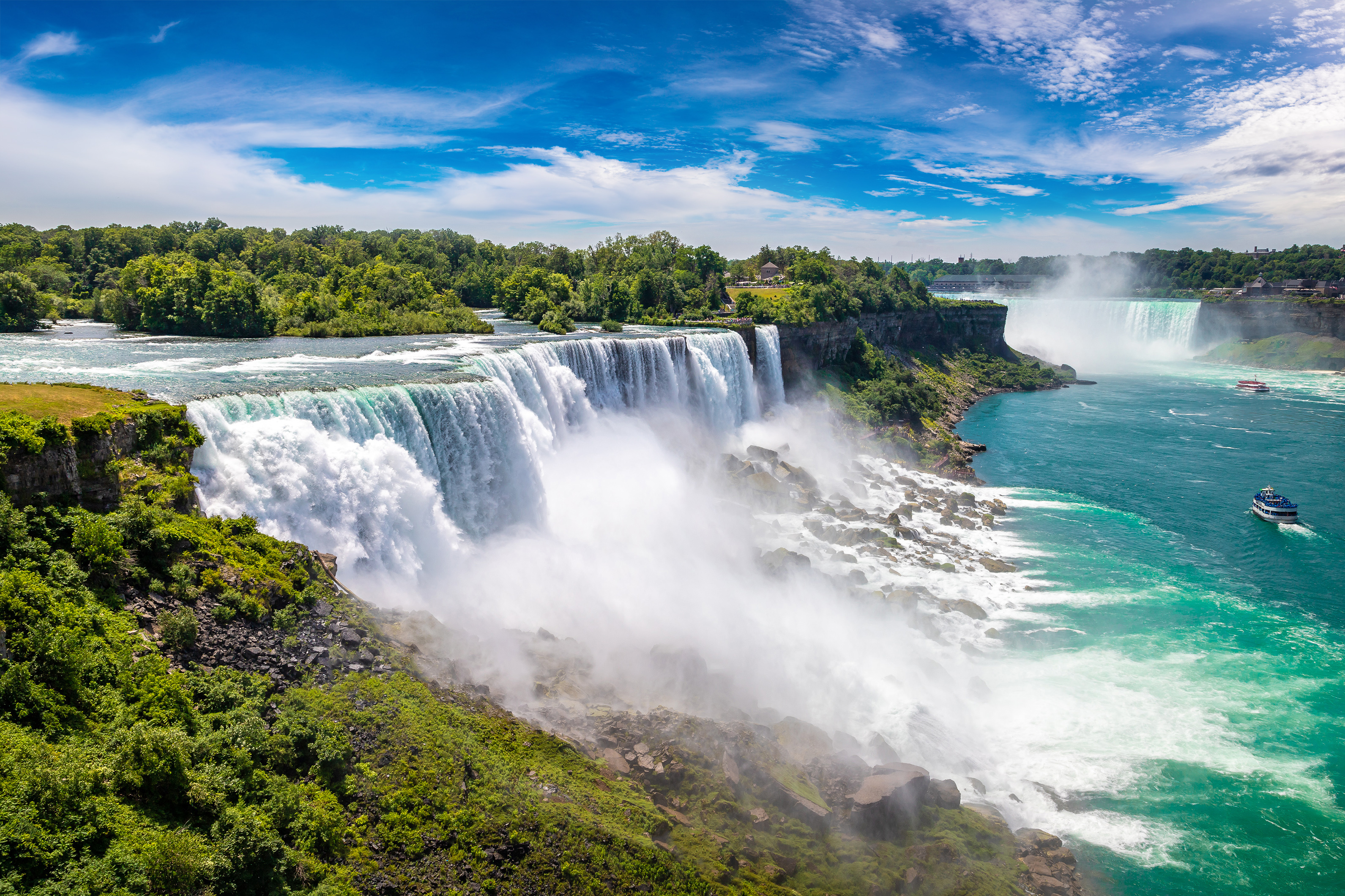 Close-up of the majectic American Falls pouring into the Niagara River with the horseshoe falls in the background