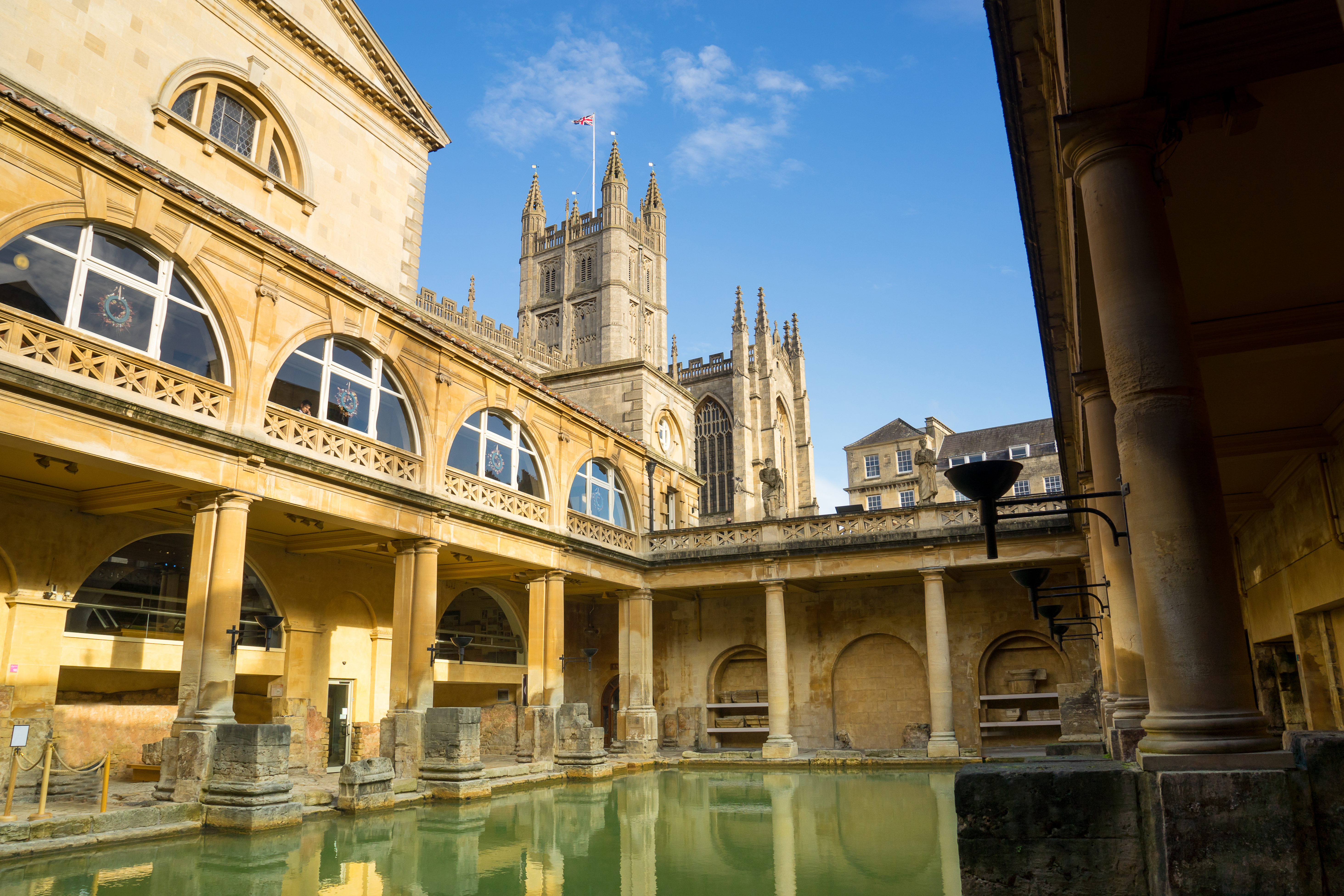 View of ancient Roman baths in the English city of Bath.