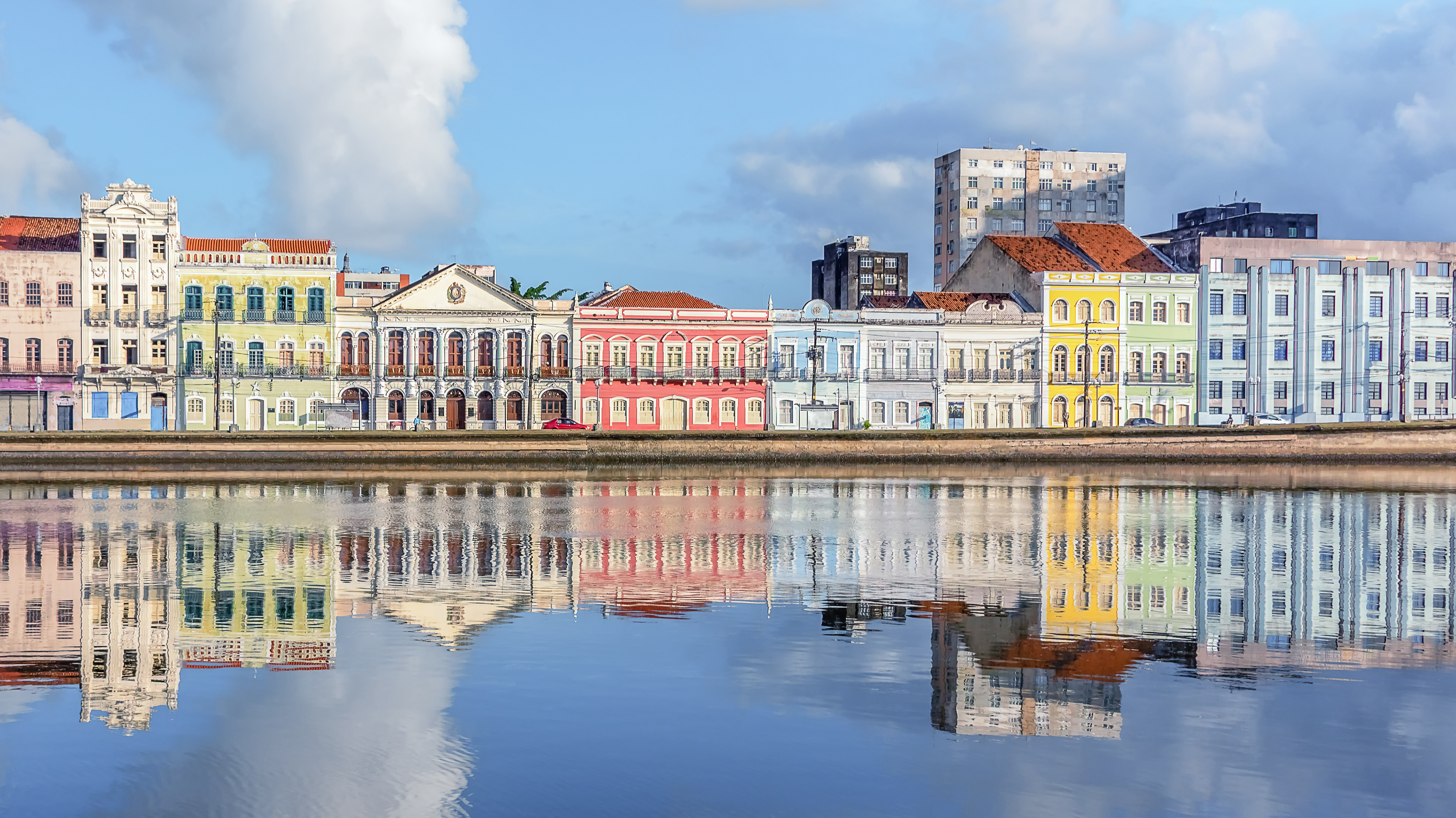 Colourful buidings line Aurora Street, located on the left bank of the Capibaribe River, Recife
