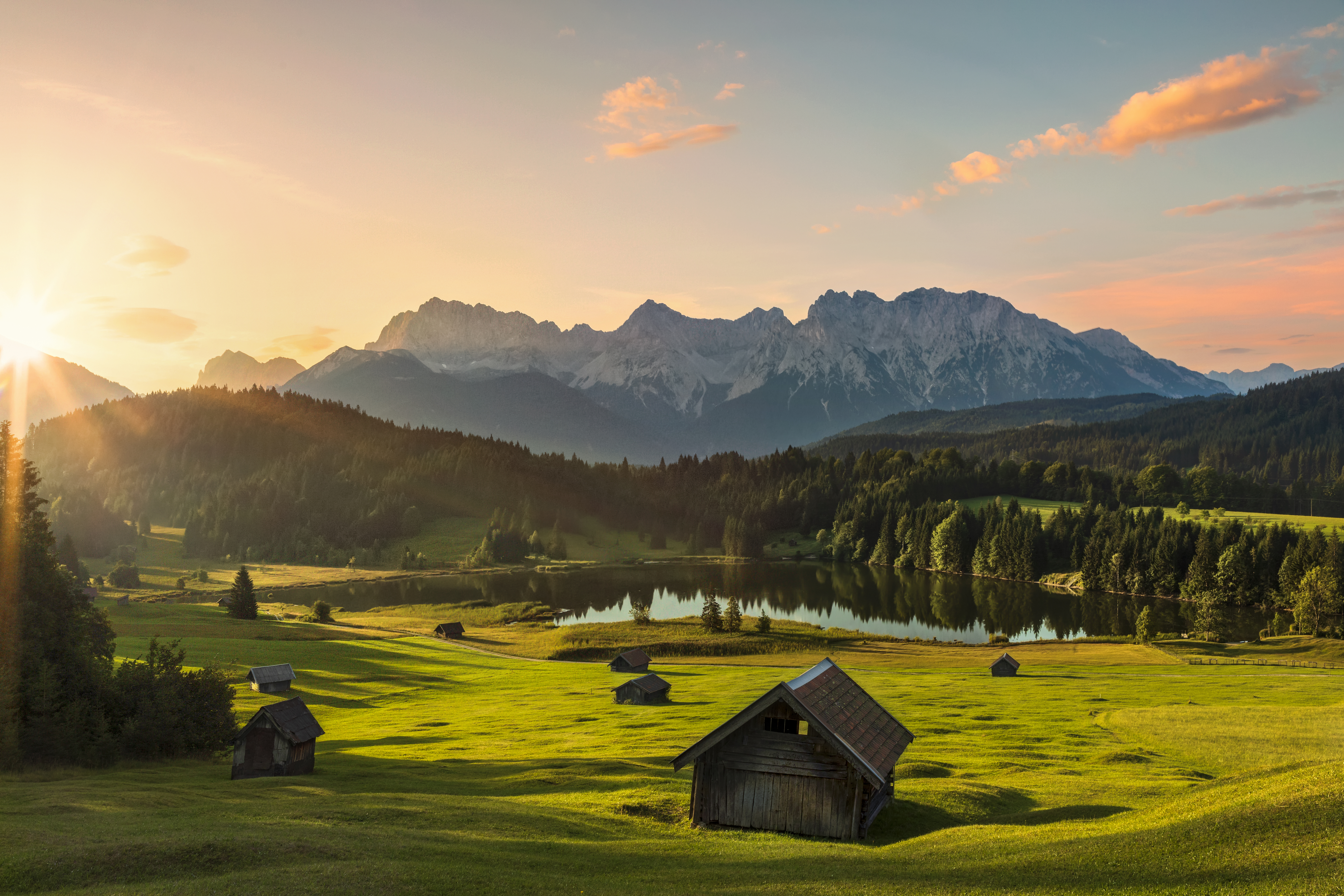 Sunrise at Alpine Lake Geroldsee - view to mount Karwendel, Garmisch Partenkirchen, Alps
