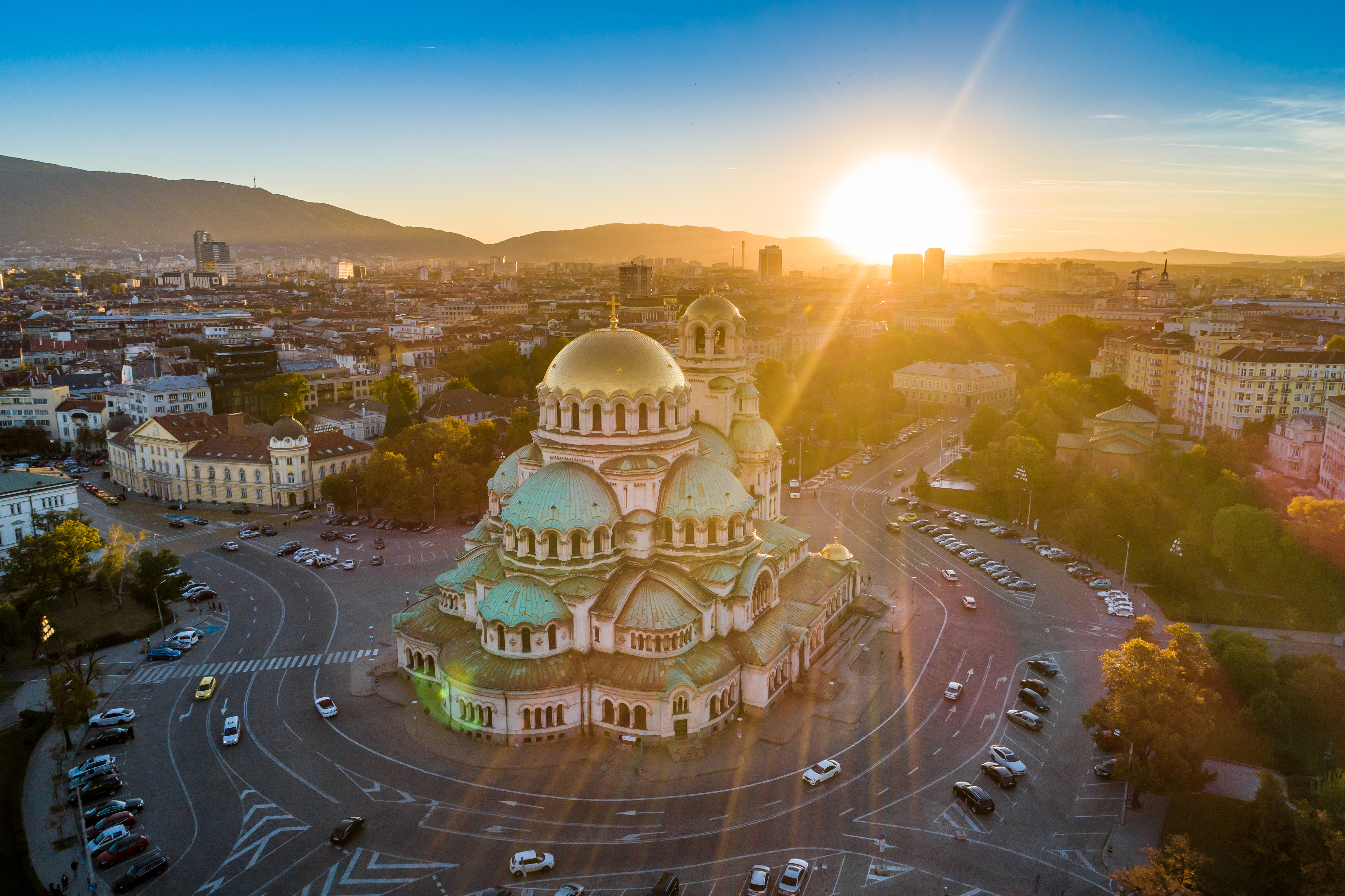 Aerial view of Alexander Nevski cathedral in Sofia, Bulgaria at sunset
