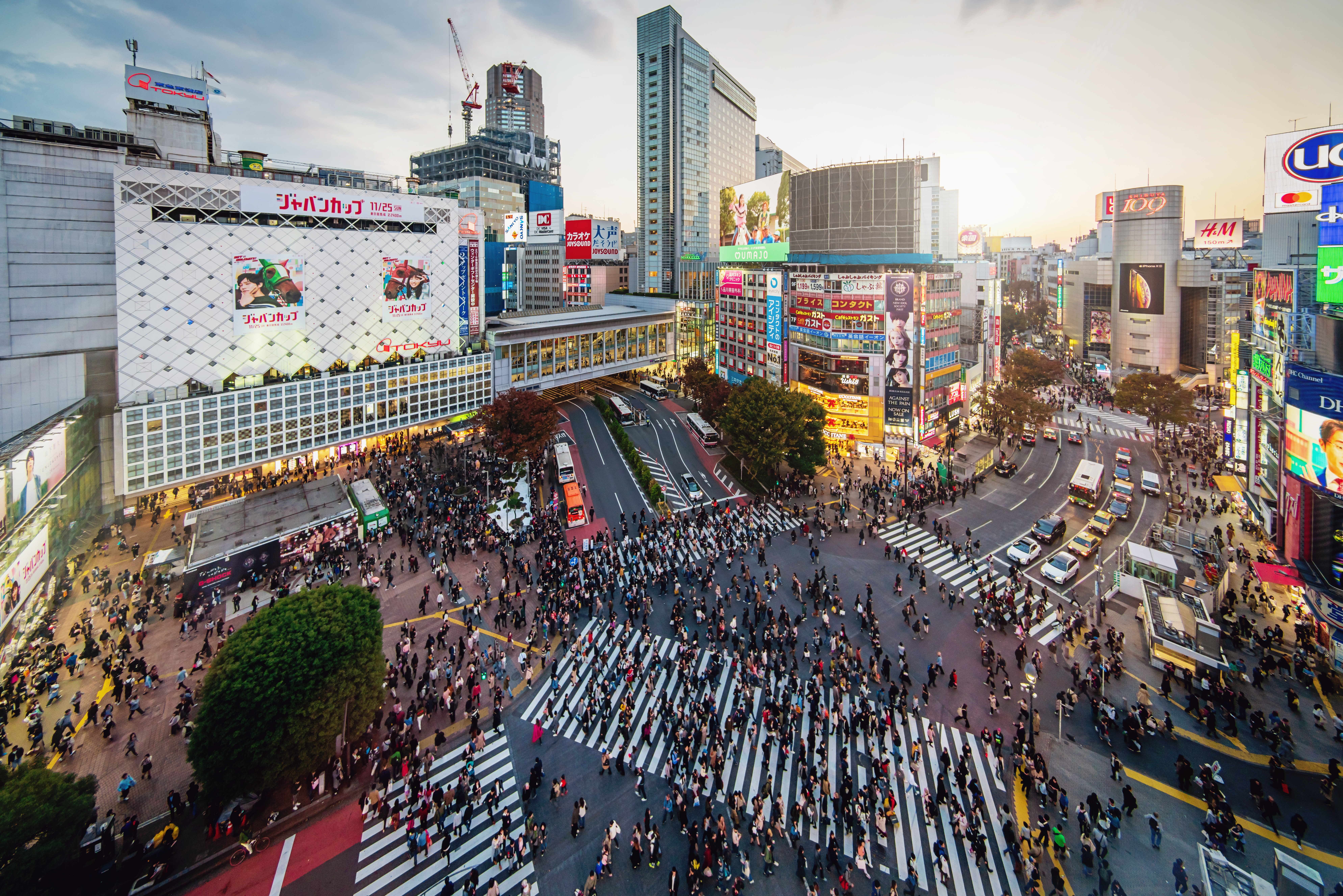 Shibuya Crossing in Downtown Tokyo from above, one of the busiest pedestrian crossings in the world
