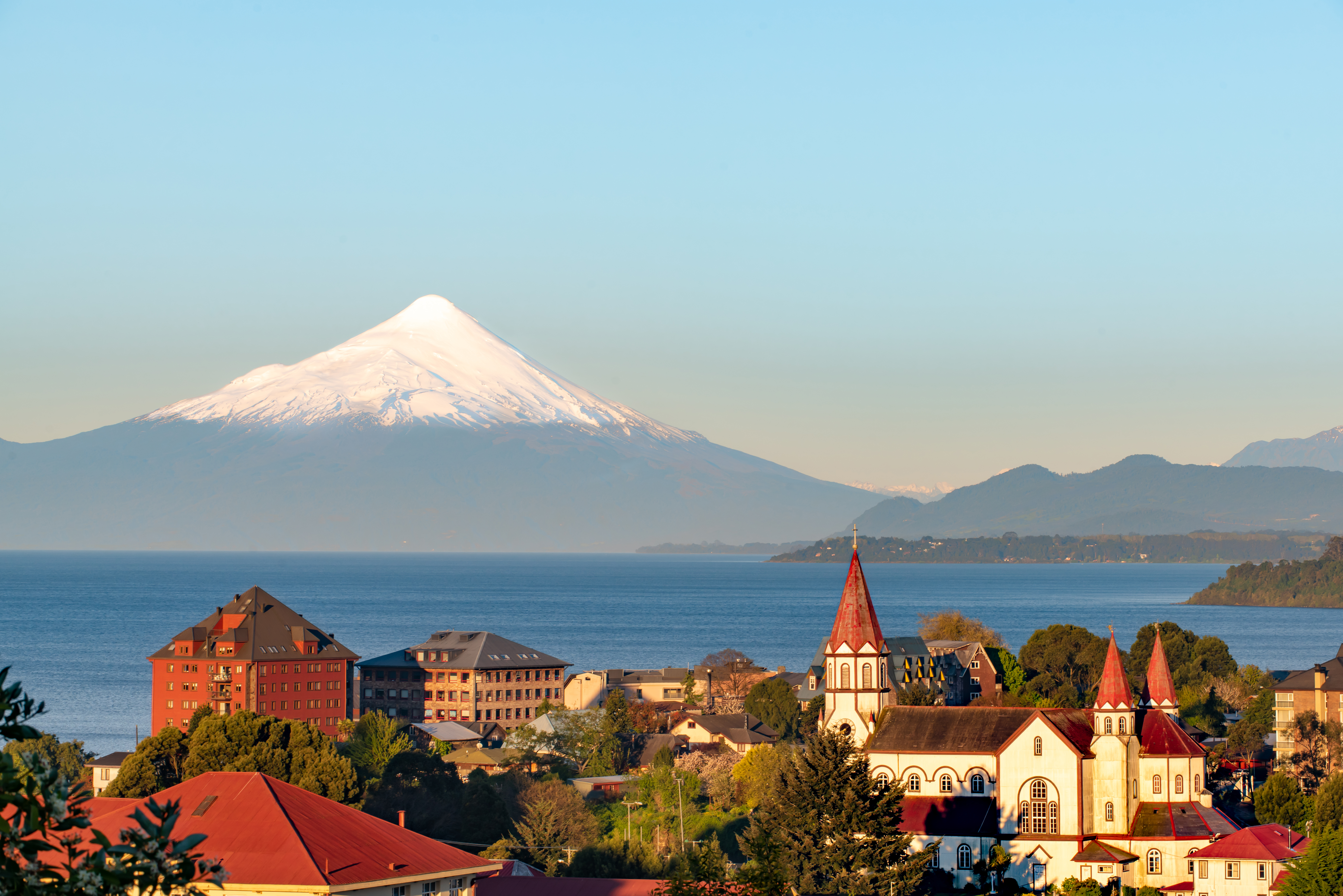 View of Puerto Varas with Osorno Volcano and Llanquihue Lake in the background