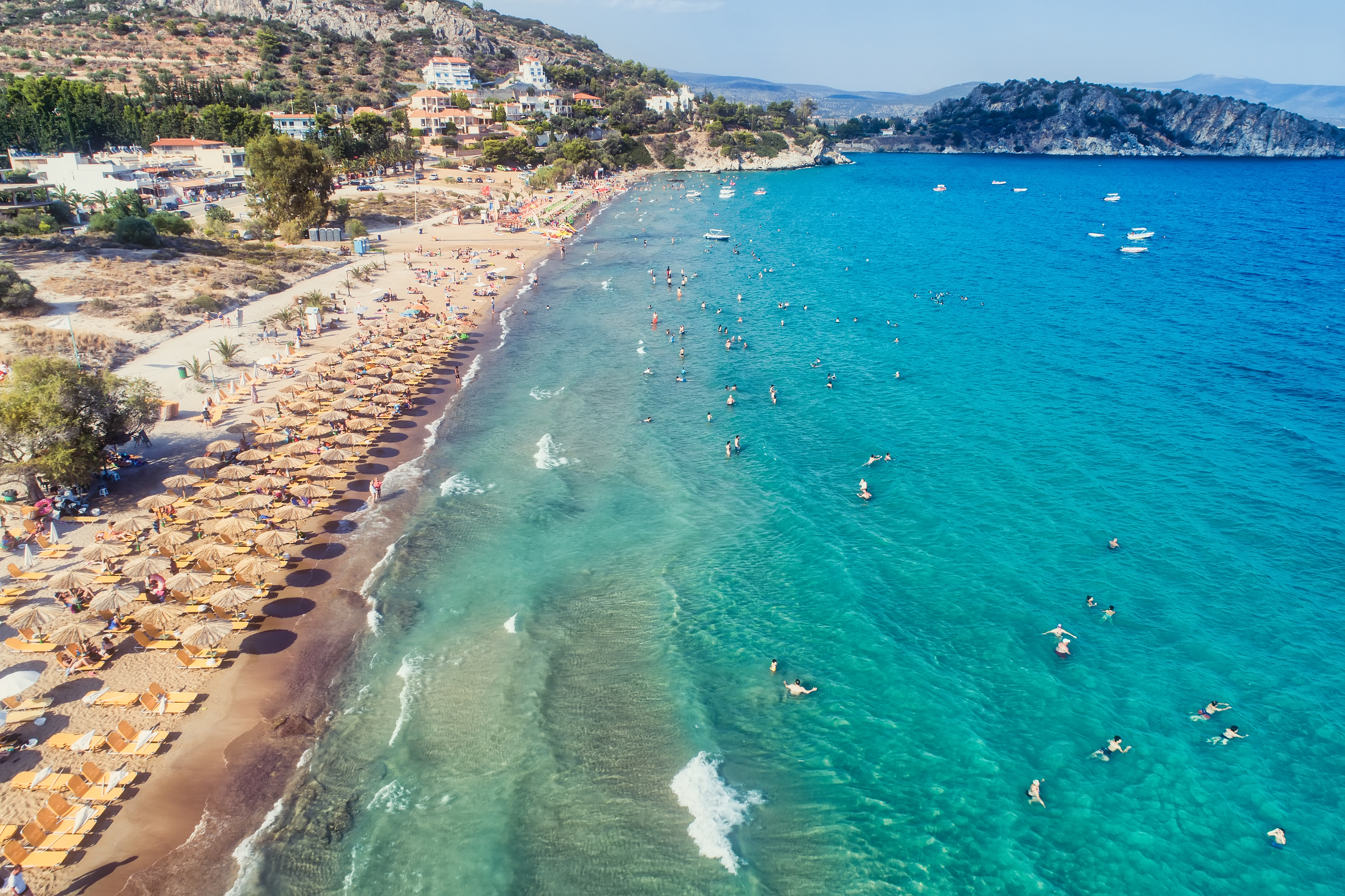 Aerial view of beach and blue mediterranean waters