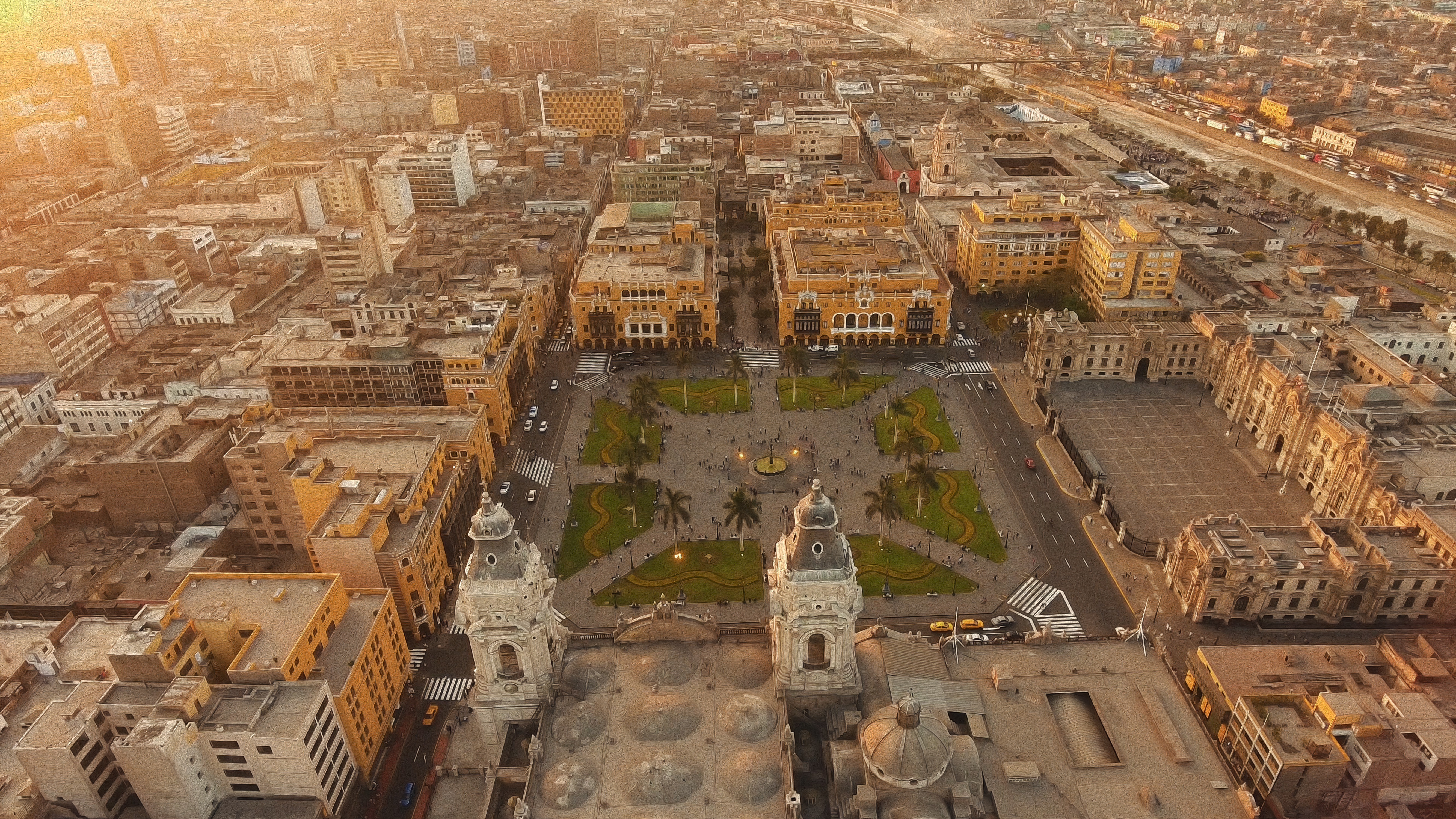 Panoramic aerial view of Lima, Peru Plaza de Armas