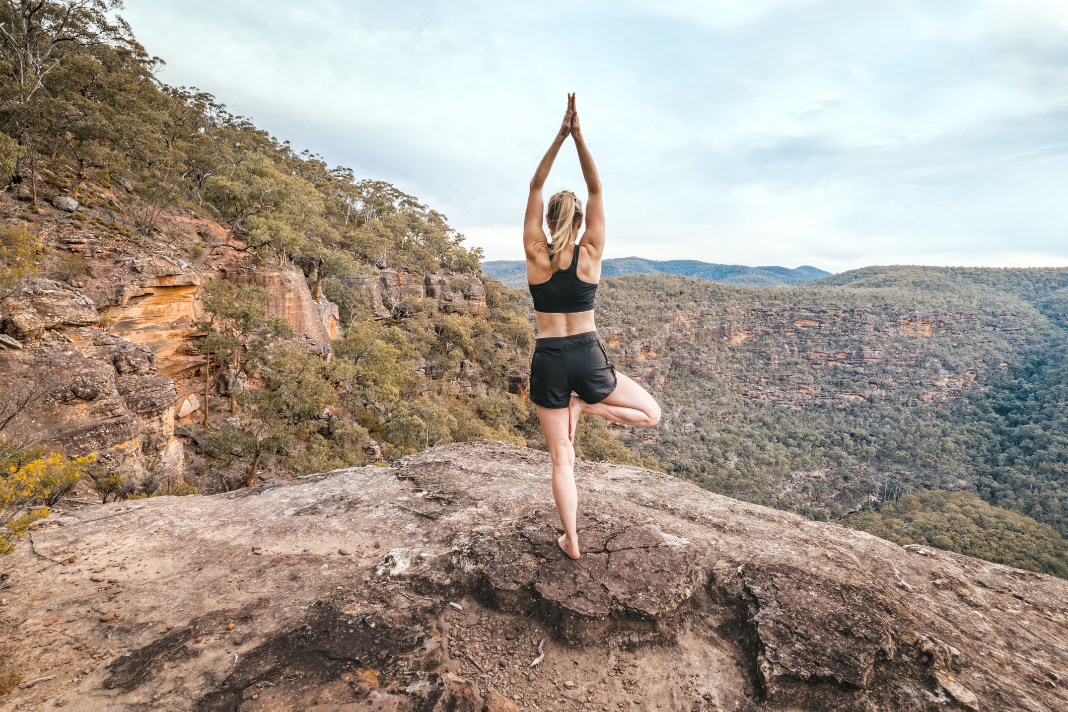 A person practicing yoga on one leg atop a rocky ledge, surrounded by trees and a scenic mountainous landscape.