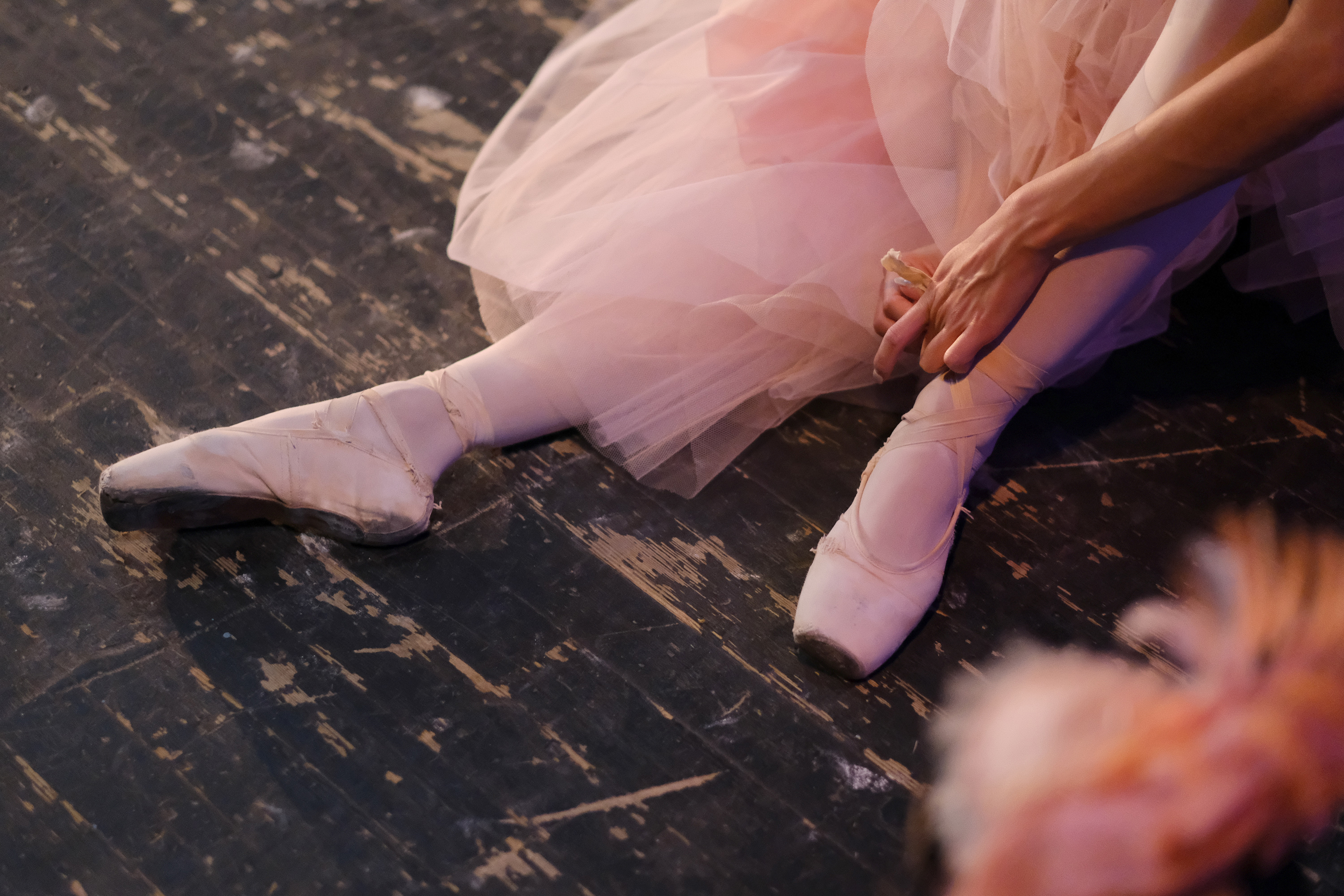 A ballerina in the rehearsal hall of the theater.