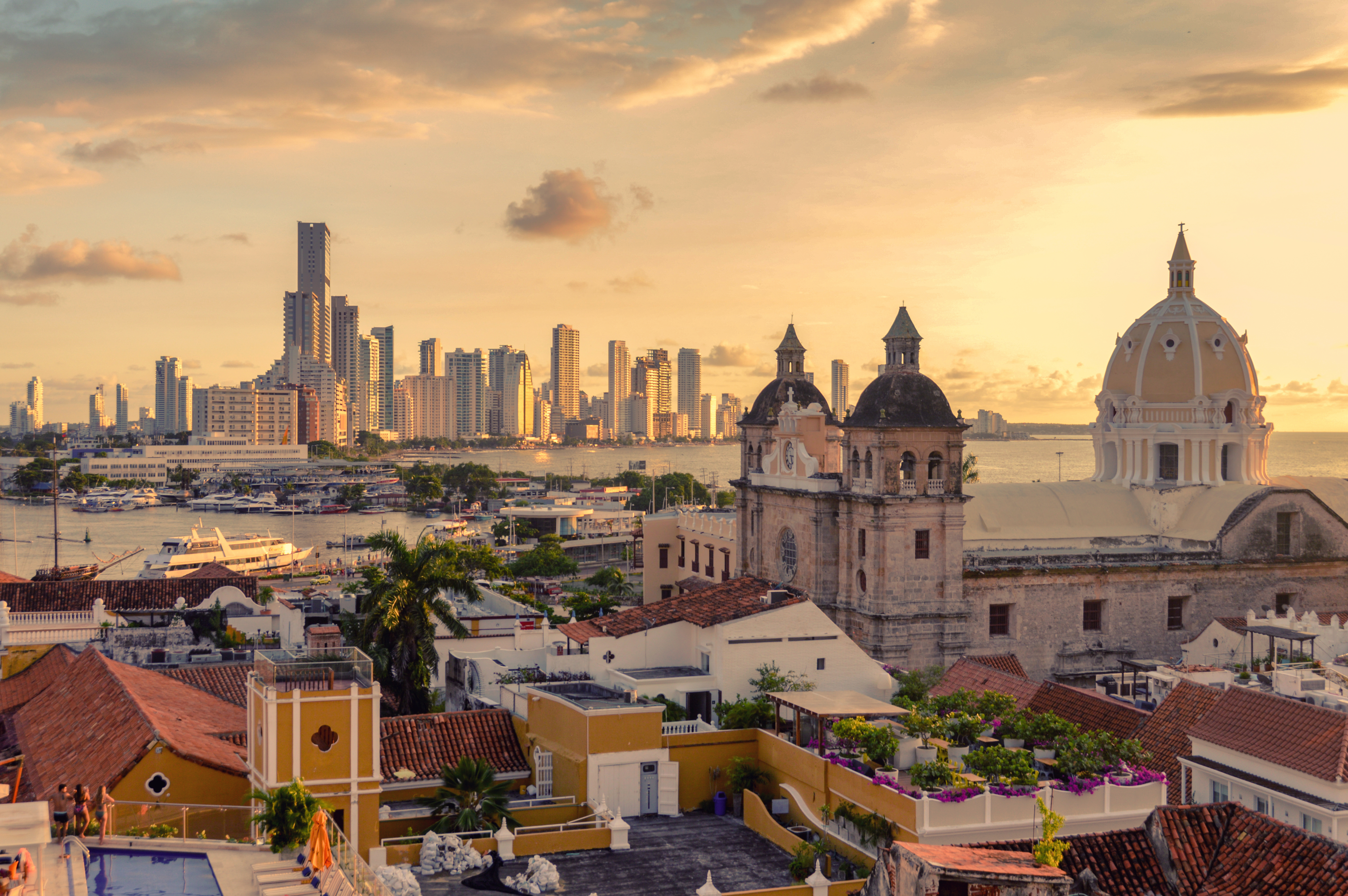 View of the historic center of Cartagena, Colombia with the Caribbean Sea and skyscrapers visible in the background
