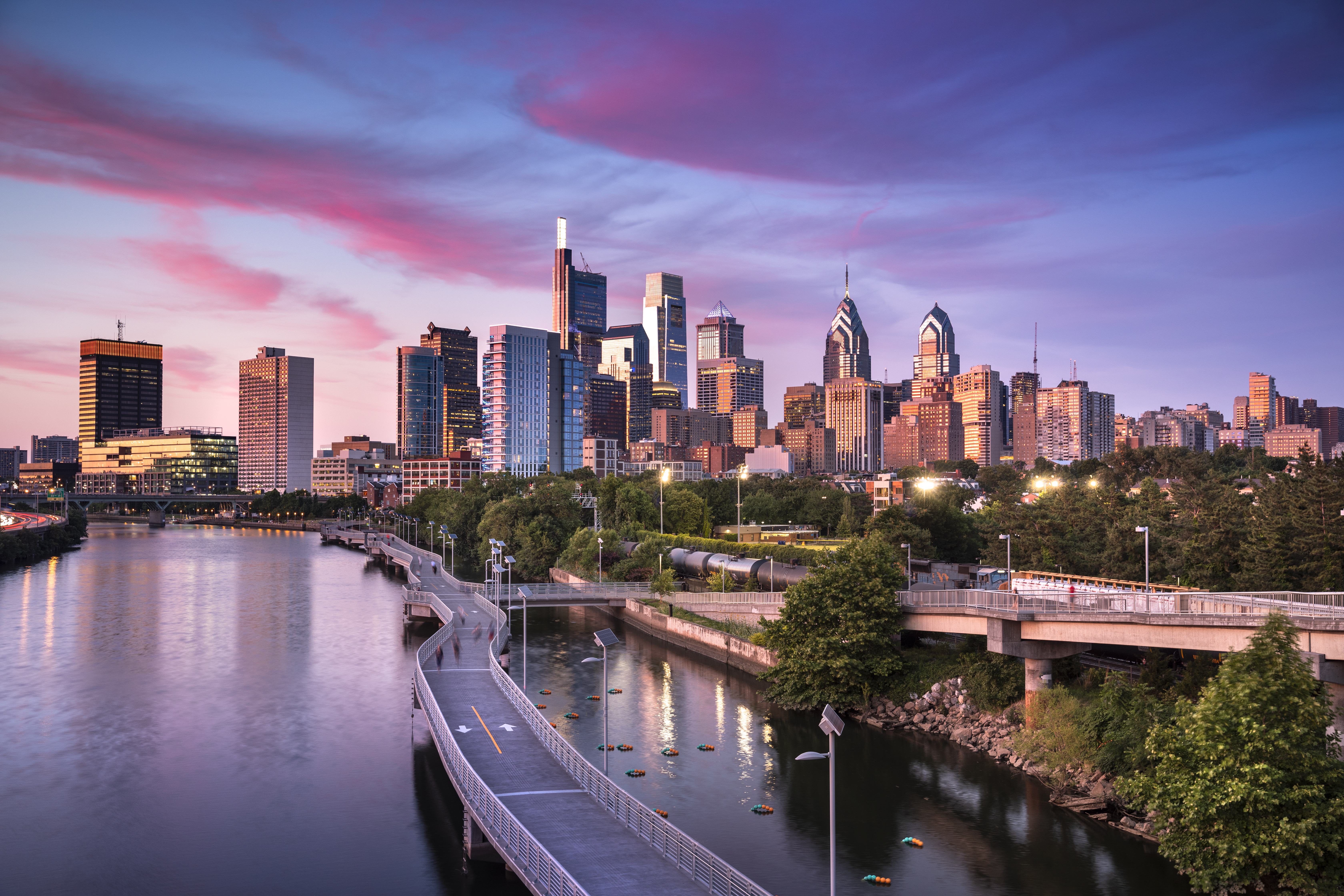 Downtown city skyline over the Schuylkill River and boardwalk