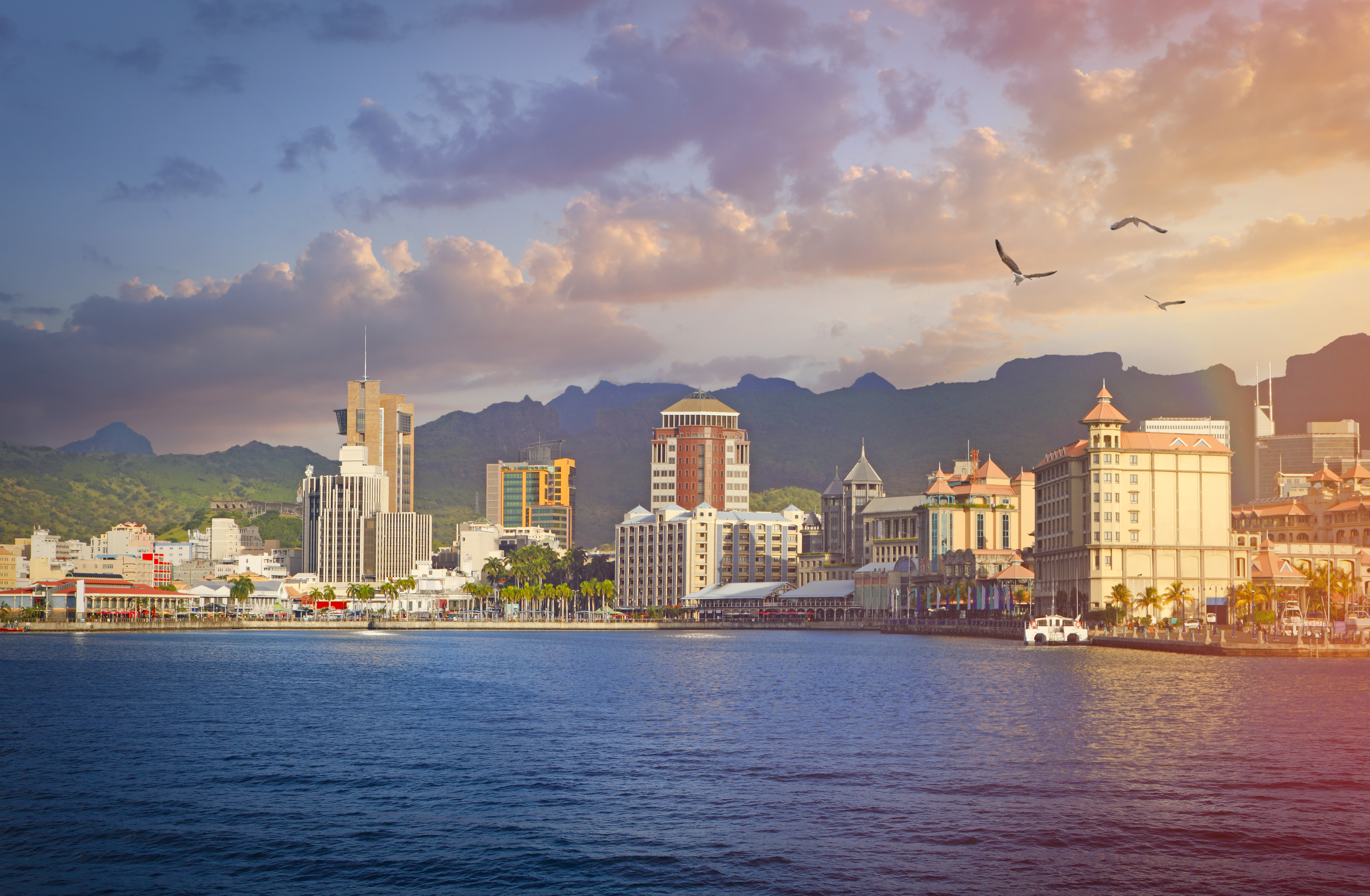"View from water towards Port Louis town, capital of Mauritius  "