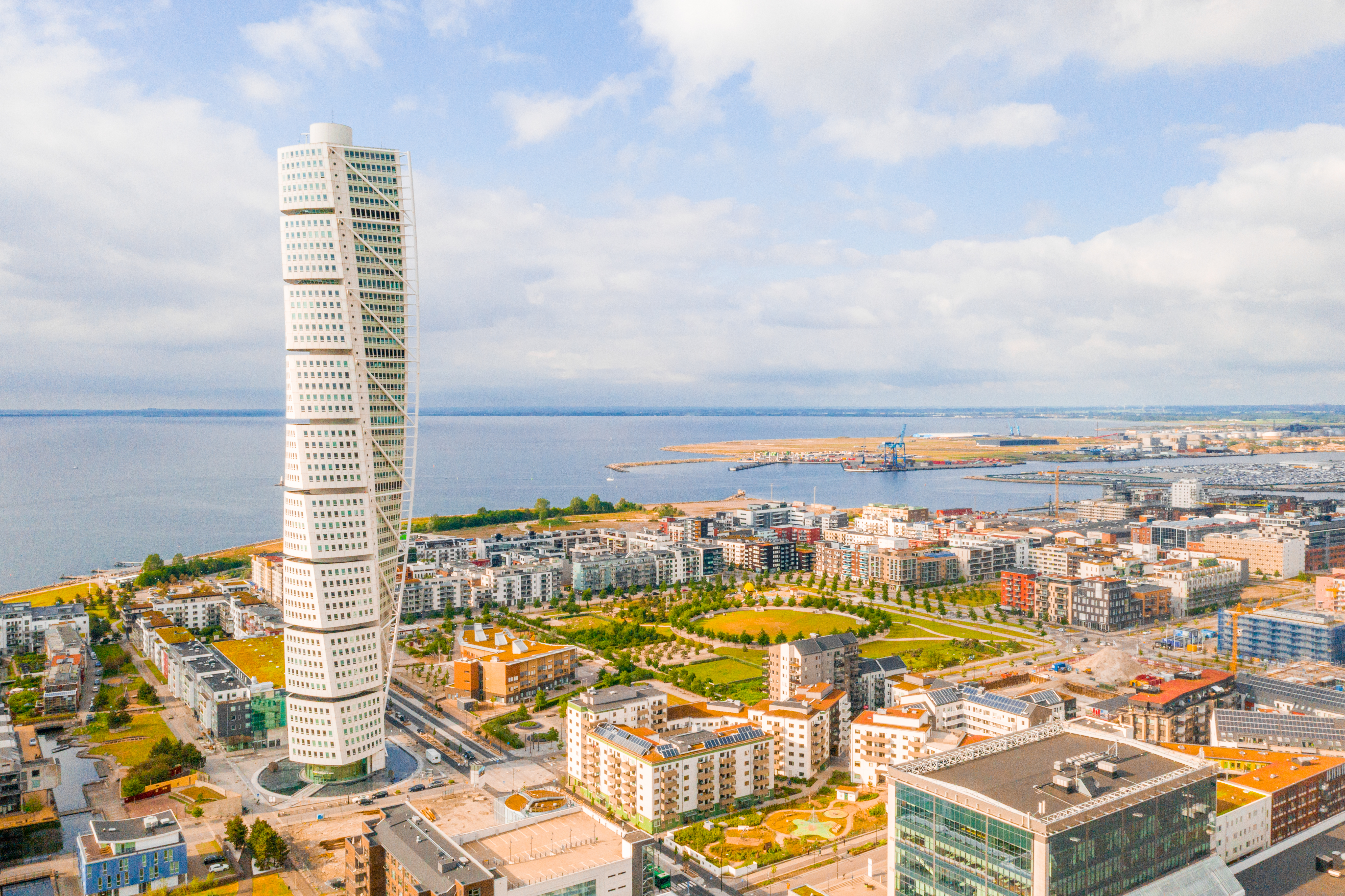 Beautiful aerial view of the Vastra Hamnen (The Western Harbour) district during sunset