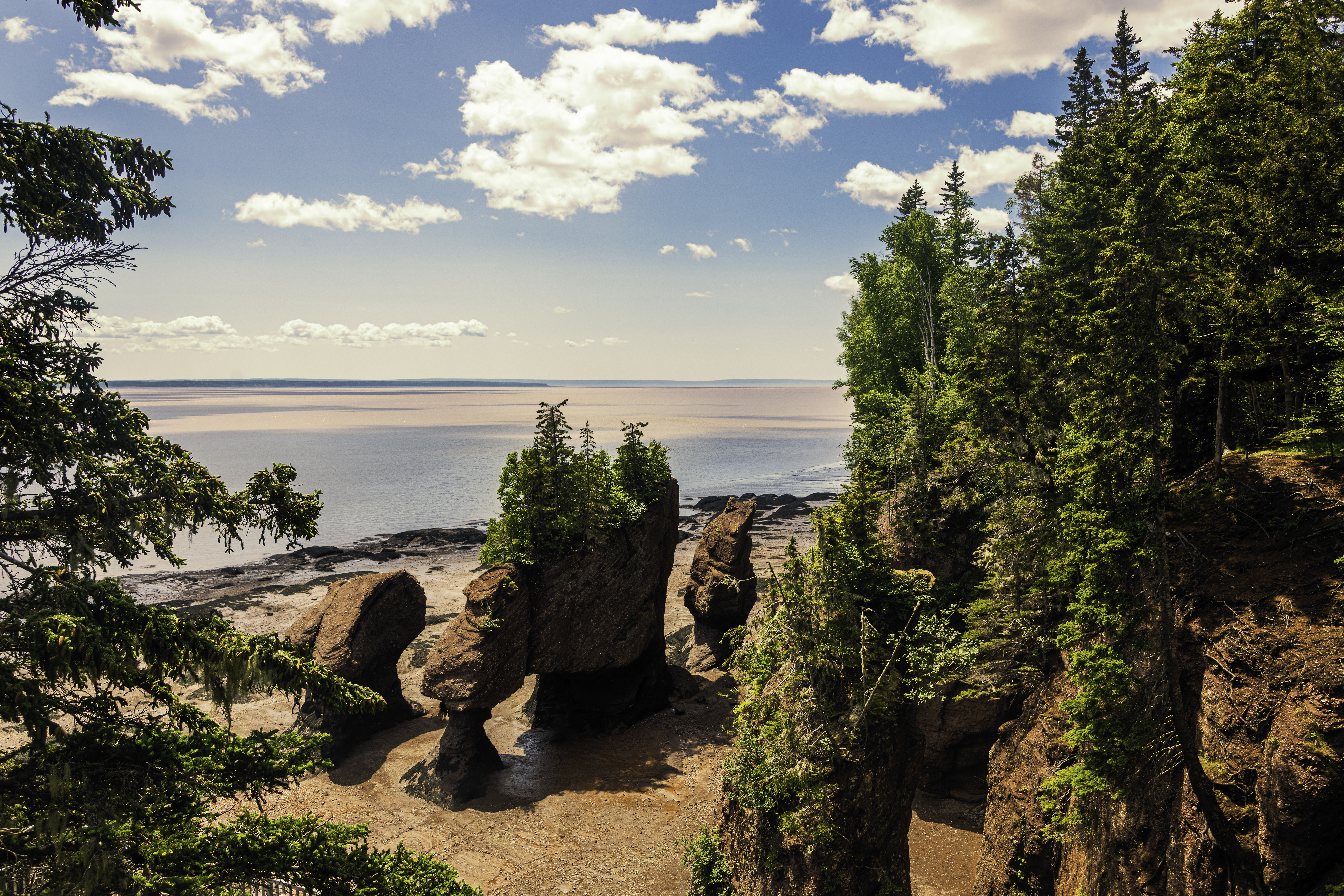 Hopewell Rocks, standing 40–70 feet tall, located on the shores of the upper reaches of the Bay of Fundy