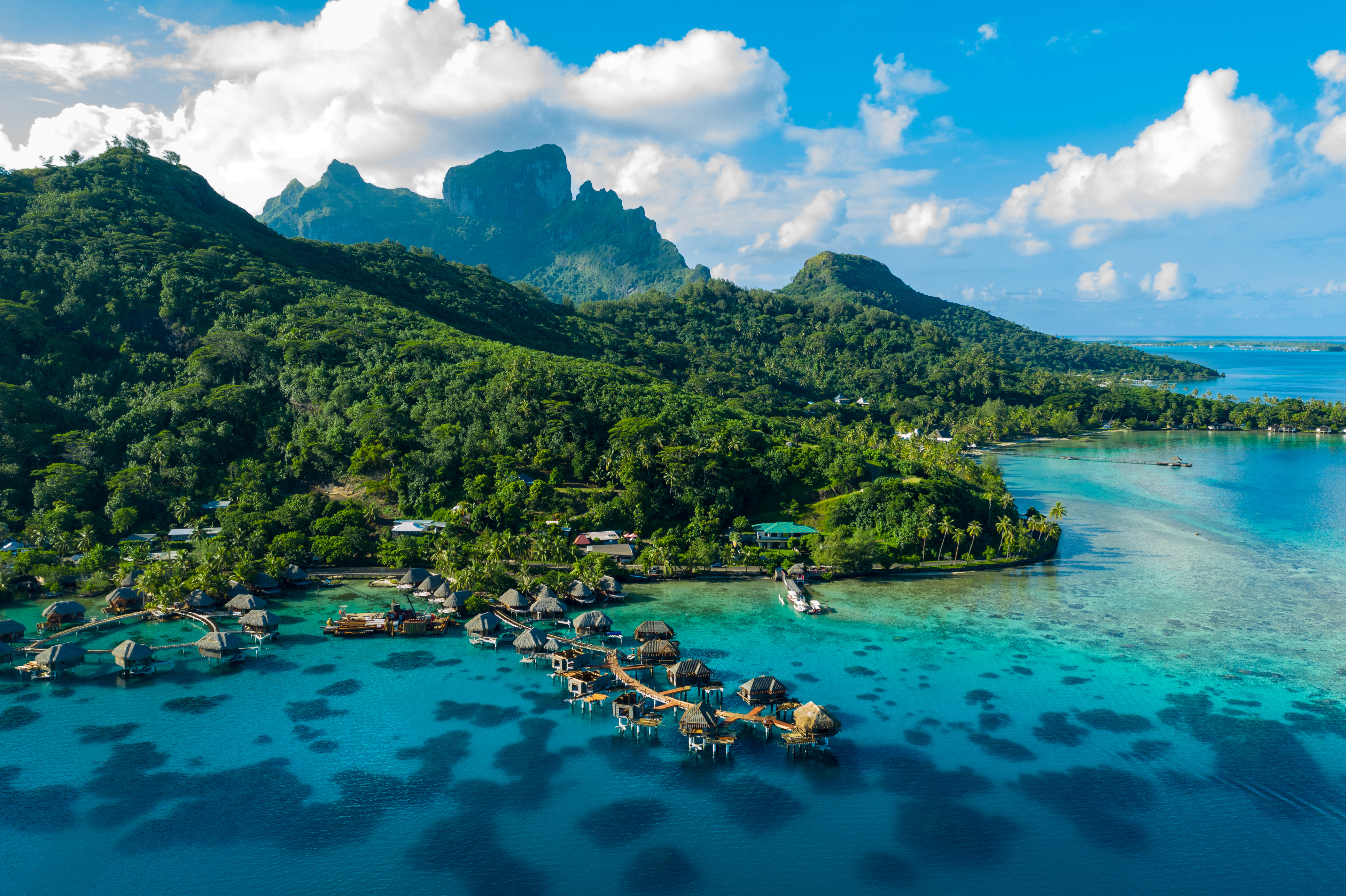 An aerial view of the island of Bora Bora