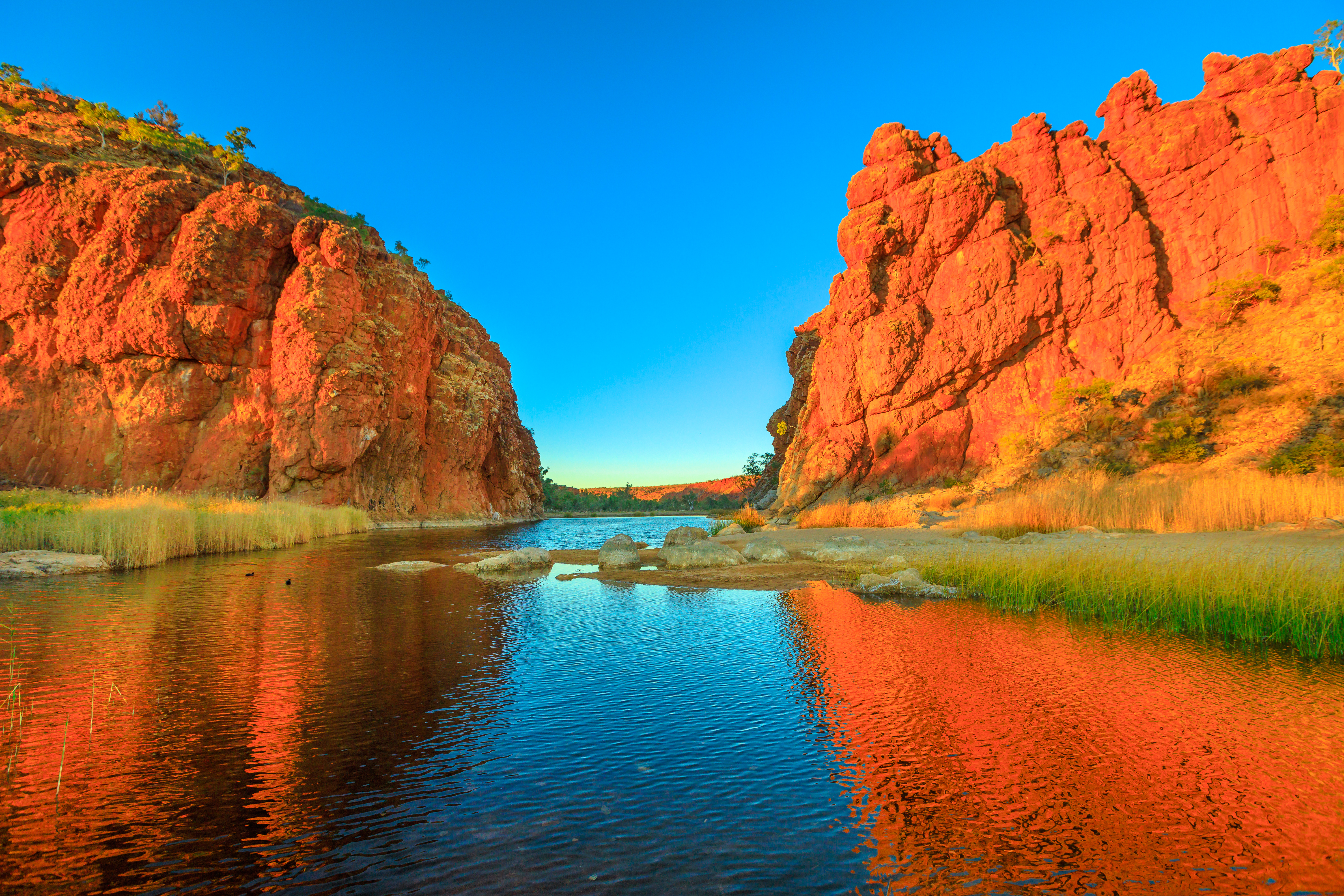 Scenic Glen Helen Gorge in West MacDonnell Ranges changes colours with sunrise light and reflects on waterhole in dry season at sunrise light.