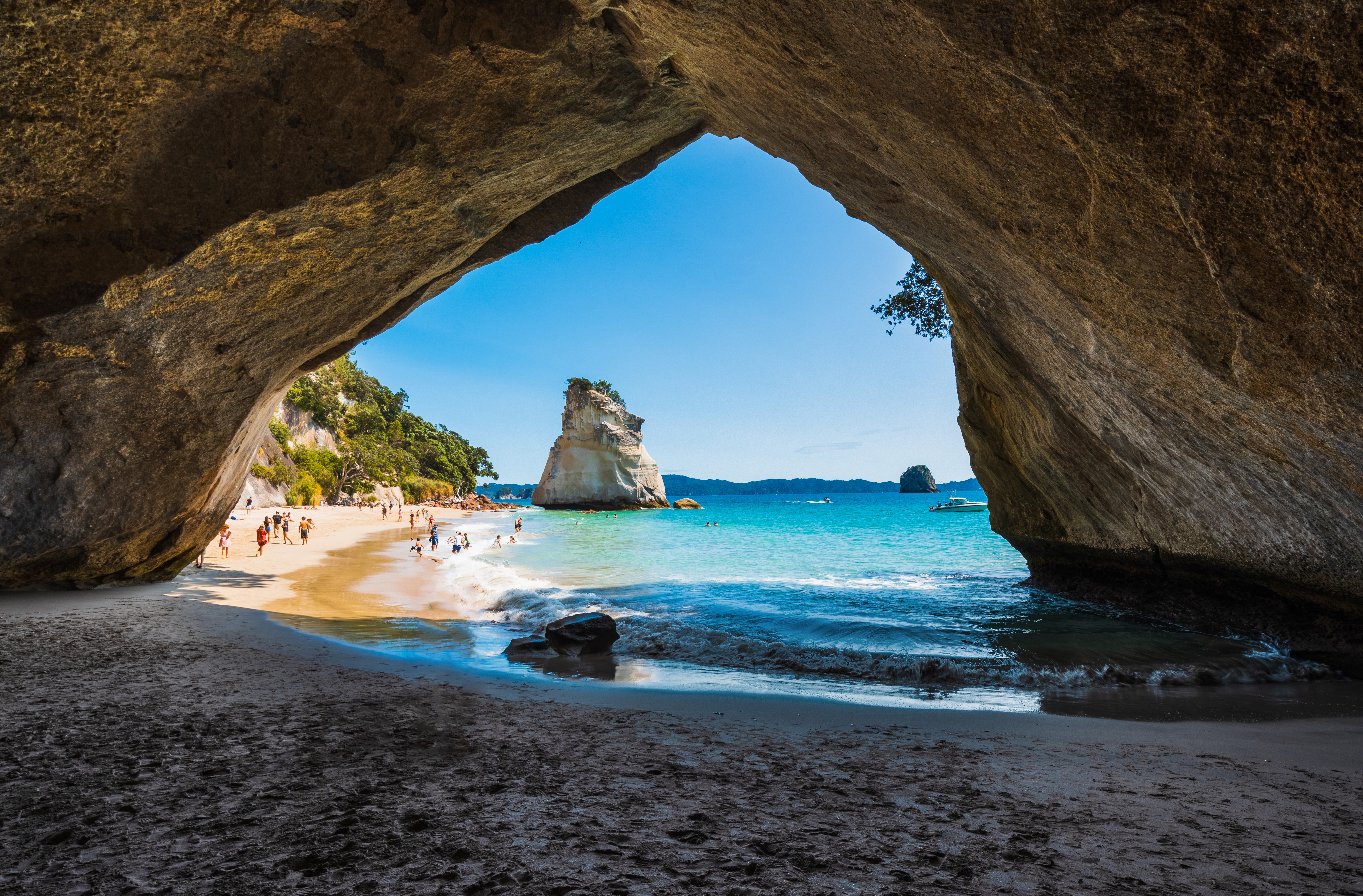 Stunning cove with view of white sand beach and blue waters on the other side