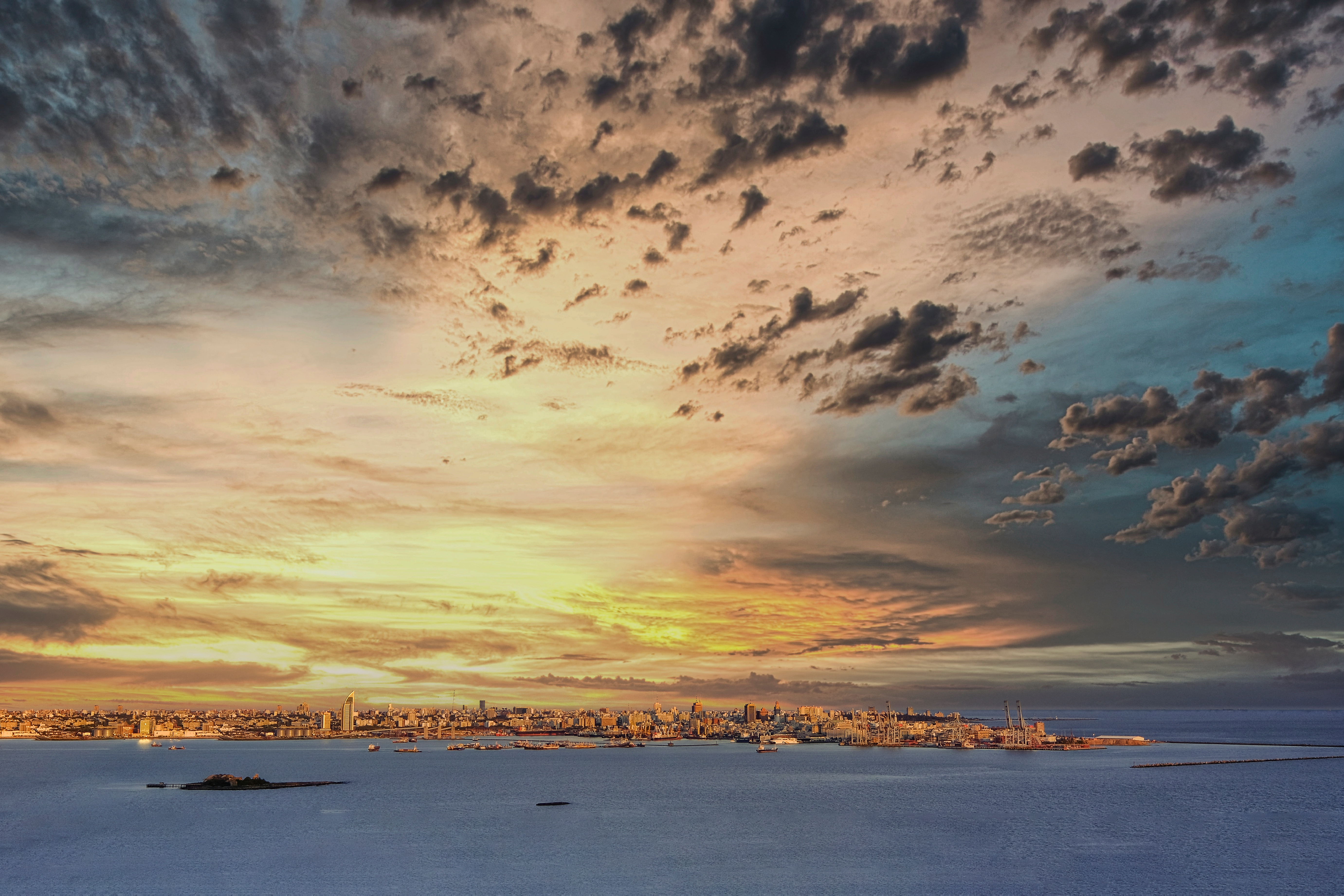 Panoramic view of Montevideo from Fortaleza General Artigas with a beautiful sunset sky