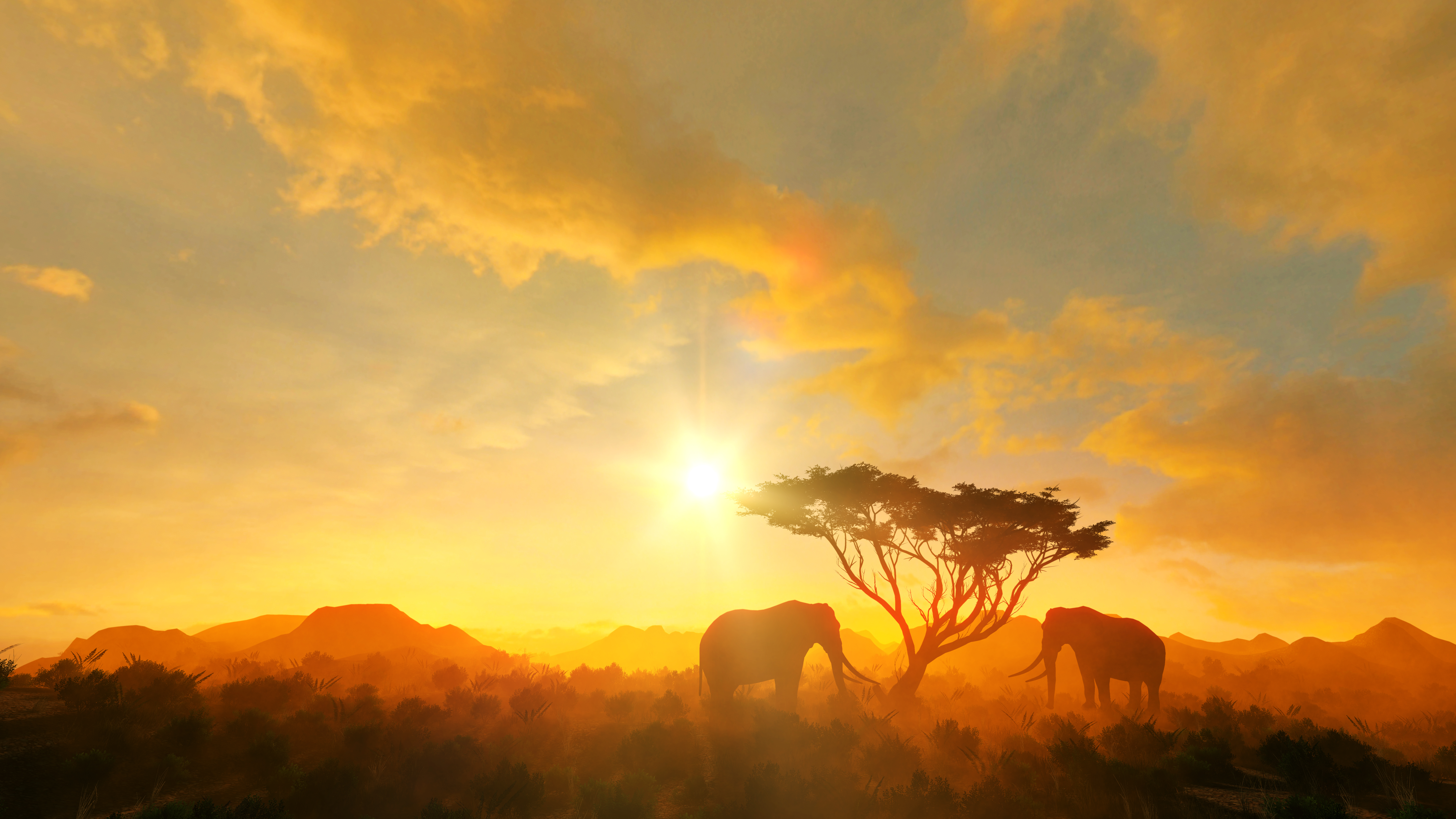 Two elephants next to a tree in Africa