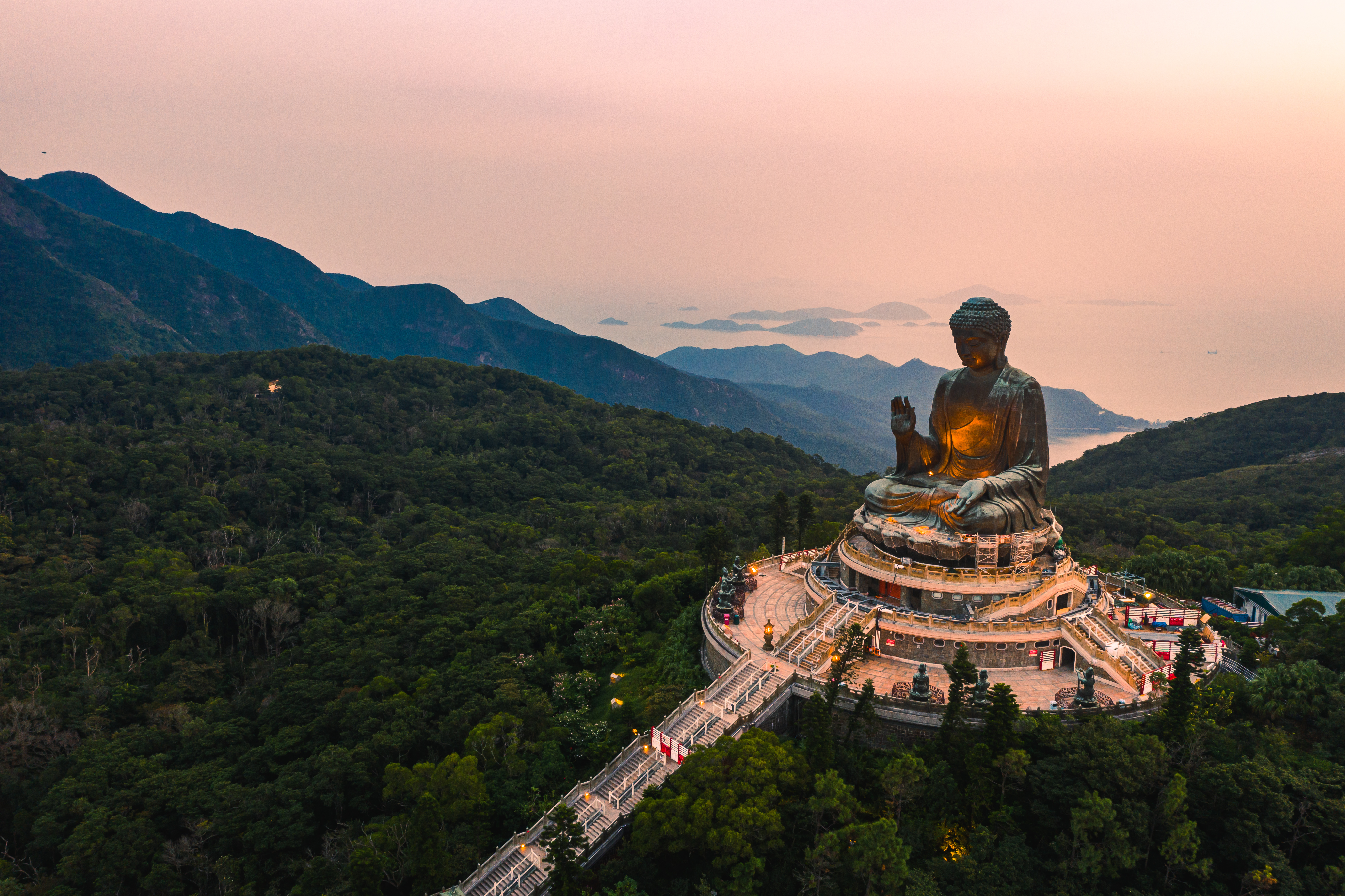 Aerial view of Tian Tan Buddha, also known as the Big Buddha. Hong Kong, China