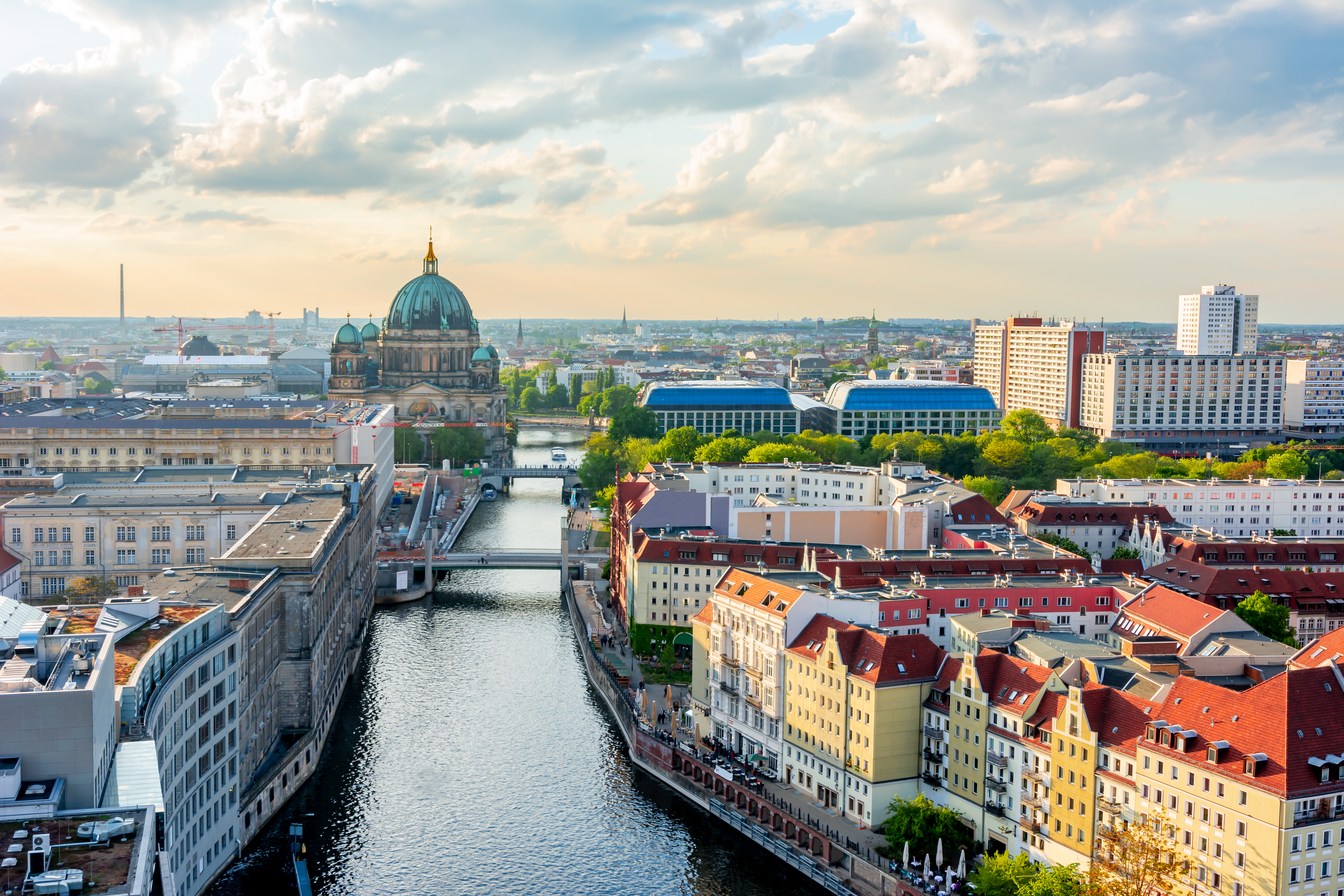 Berlin Cathedral (Berliner Dom) on Museum island and Spree river at sunset