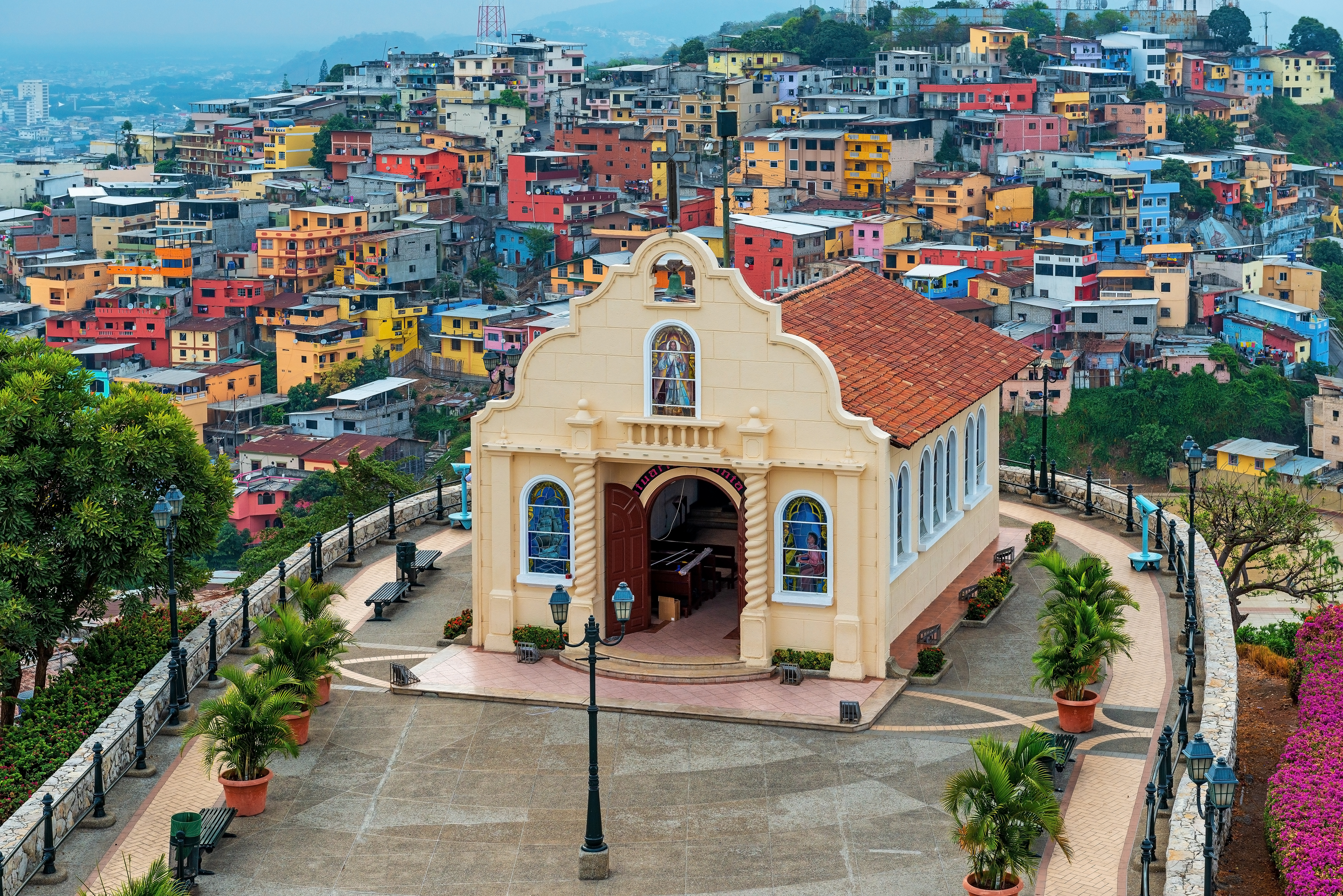 Cityscape of Santa Ana Hill Church with colorful colonial housing, Las Penas district, Guayaquil, Ecuador