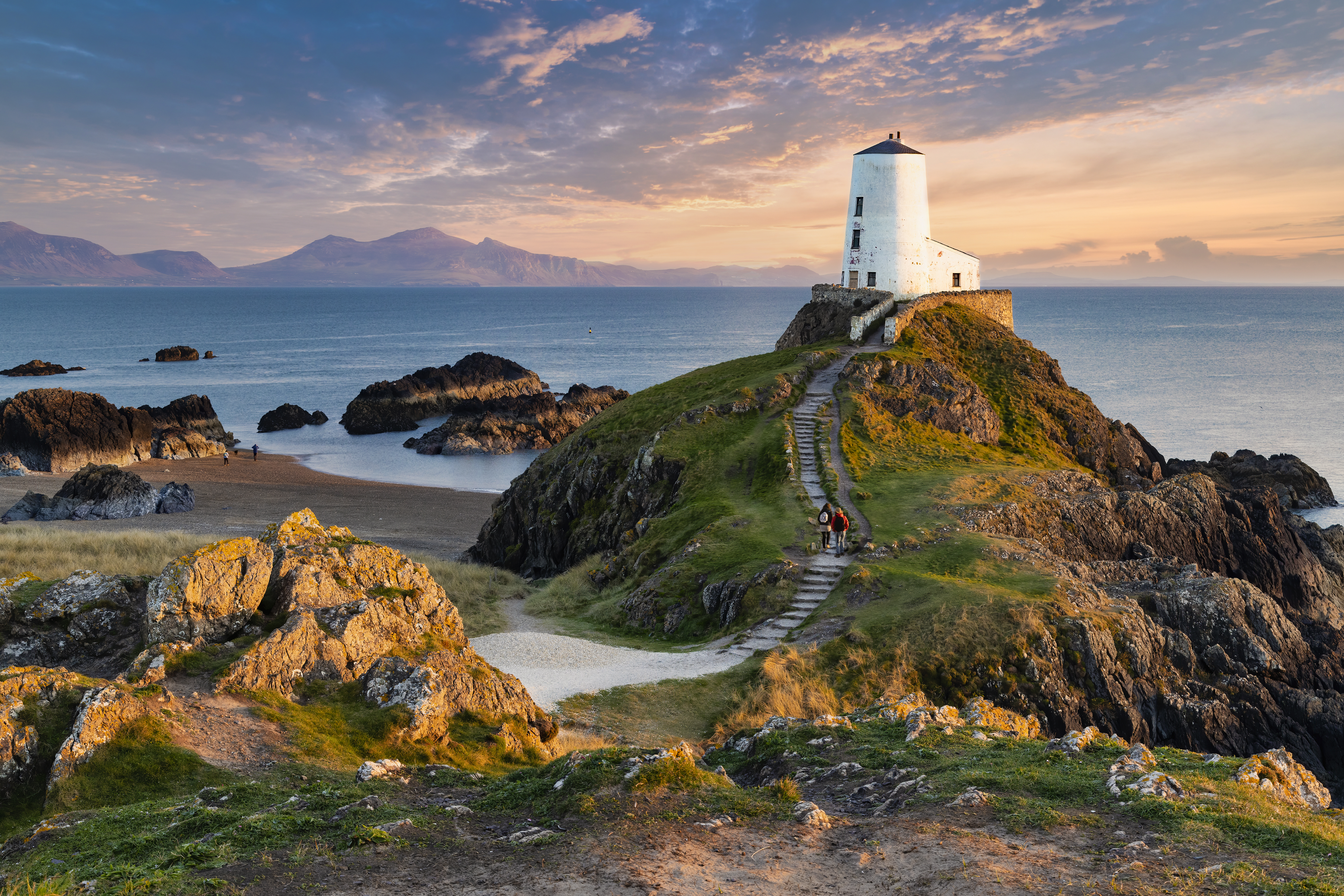 Tŵr Mawr lighthouse on Ynys Llanddwyn on Anglesey, Wales, marks the western entrance to the Menai Strait