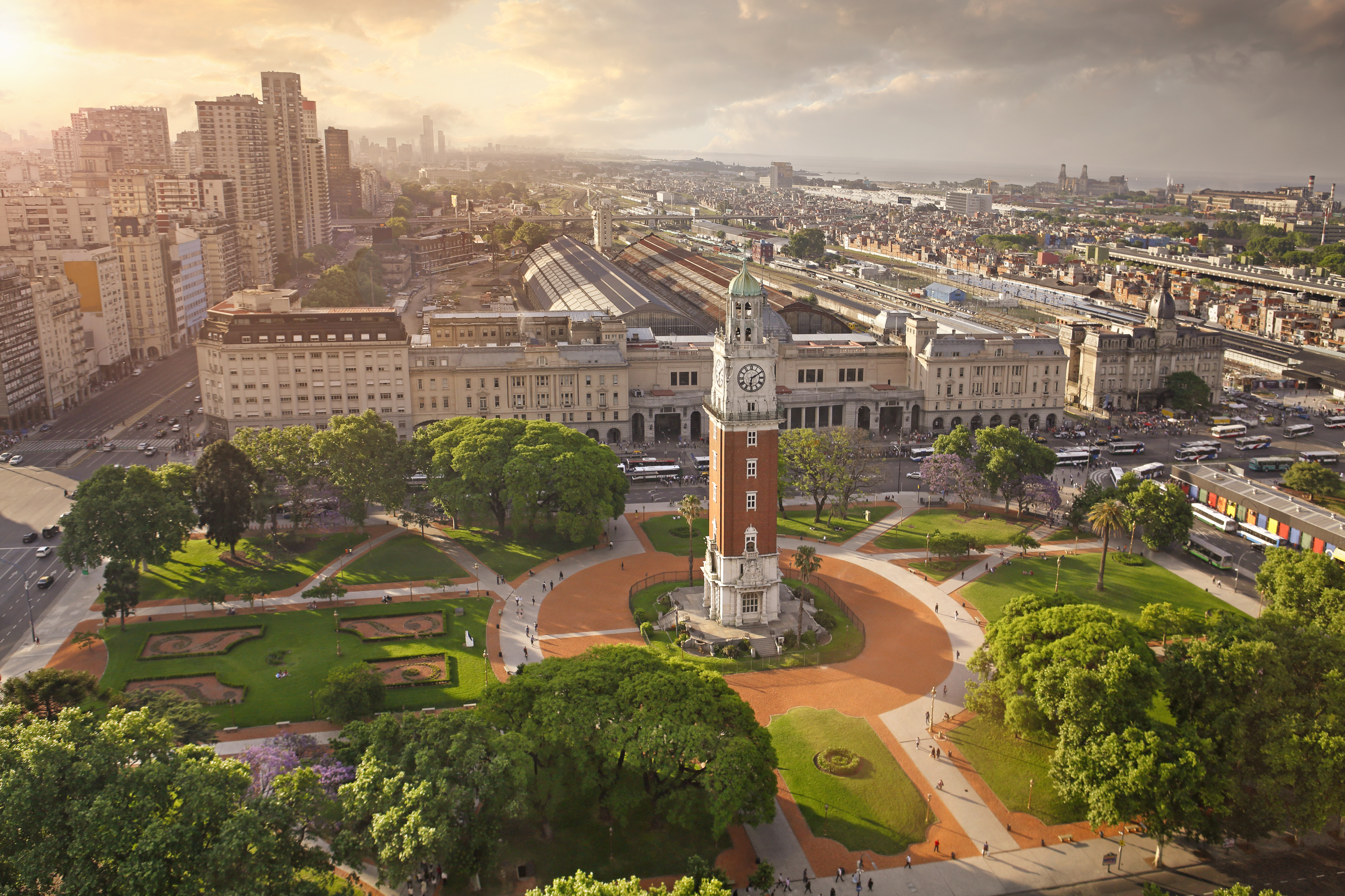 Aerial view of Torre Monumental (English Clock Tower) in Plaza Fuerza Aérea Argentina and the Retiro Railway Statio