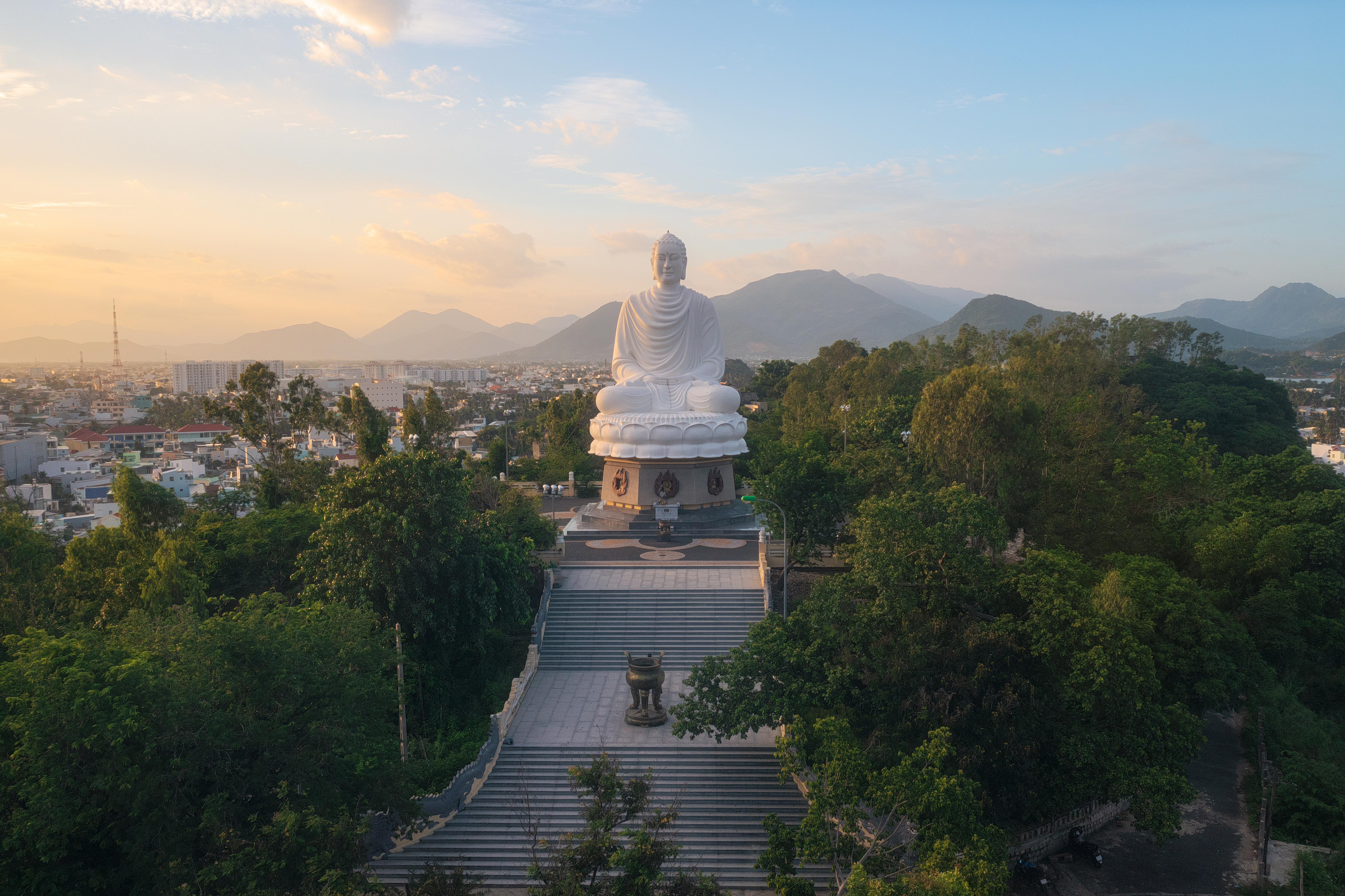 Aerial view of White Buddha statue on Long Son pagoda in Nha Trang city, Khanh Hoa province, central Vietnam