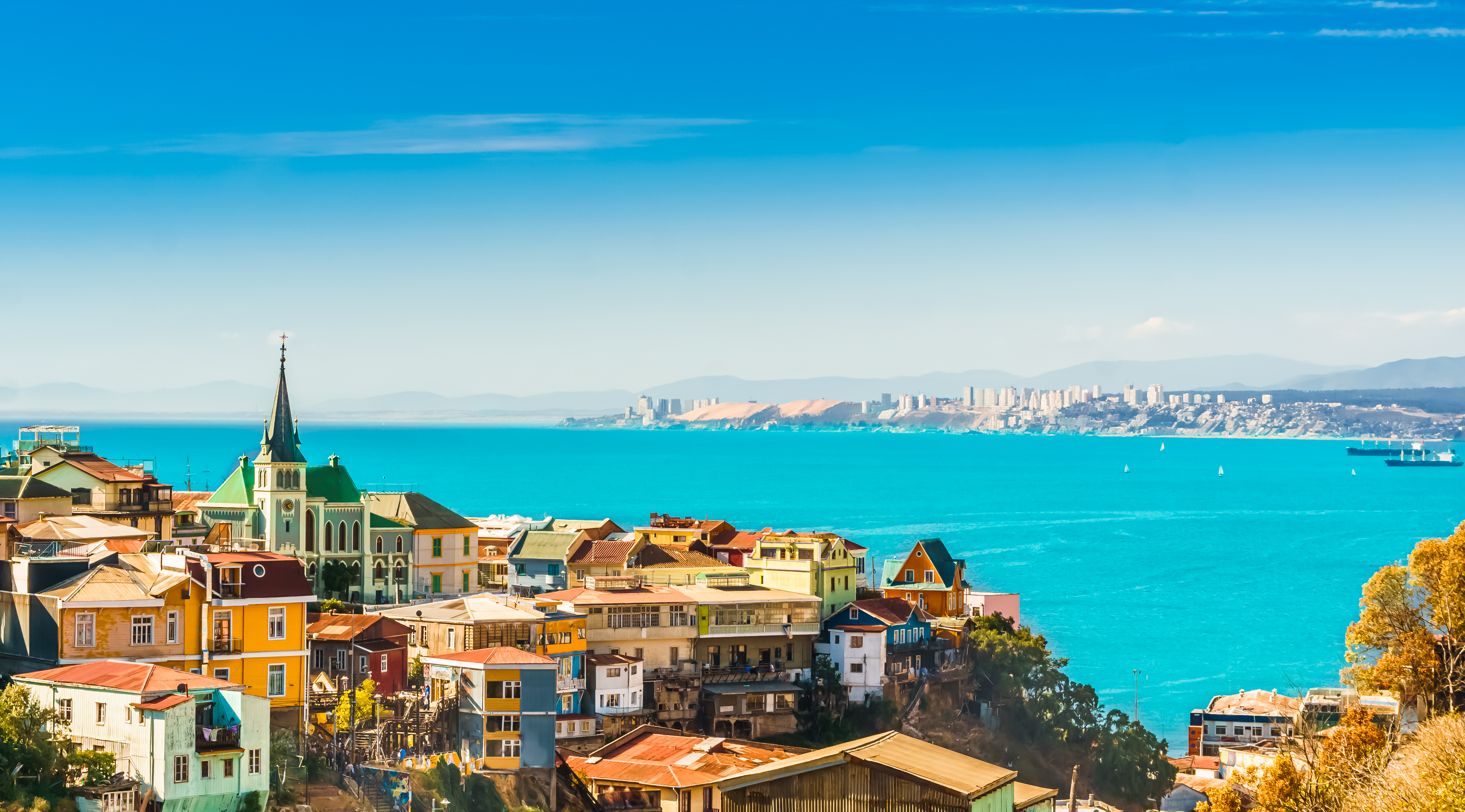 View of historical port city of Valparaiso along the coast