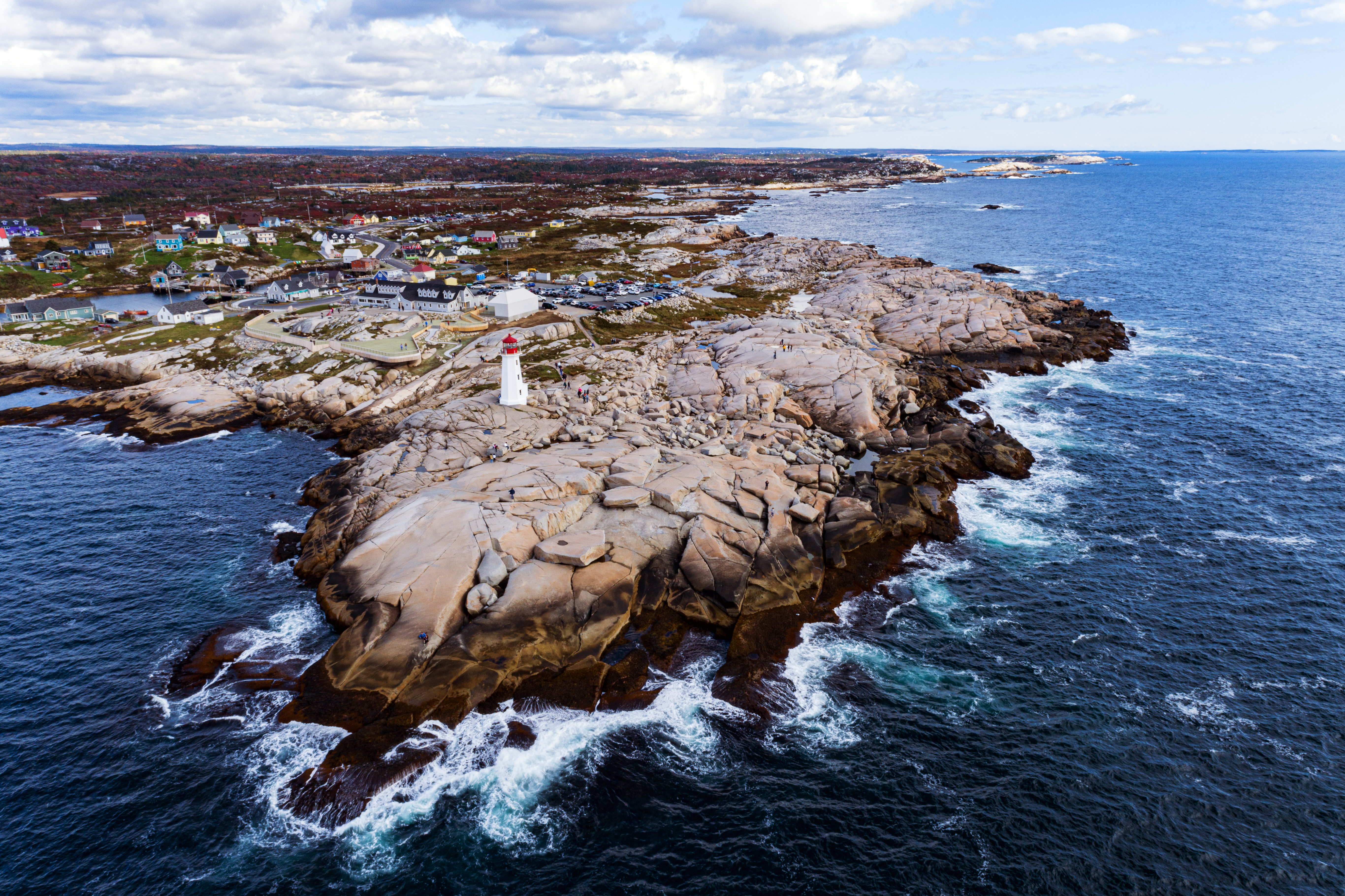"Aerial drone view of Peggy's Cove Lighthouse"