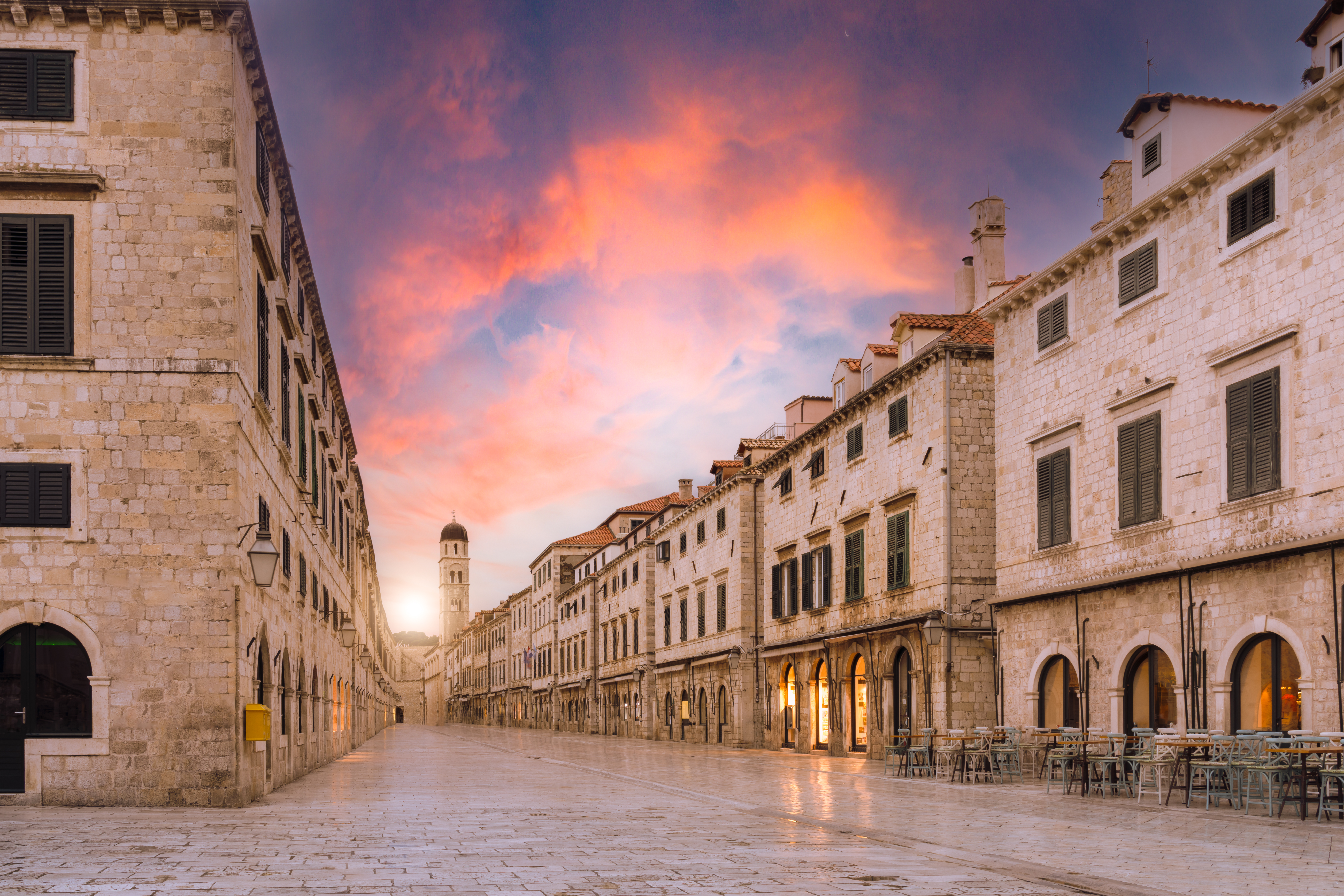 Main street in the old town of Dubrovnik city in Croatia at sunset
