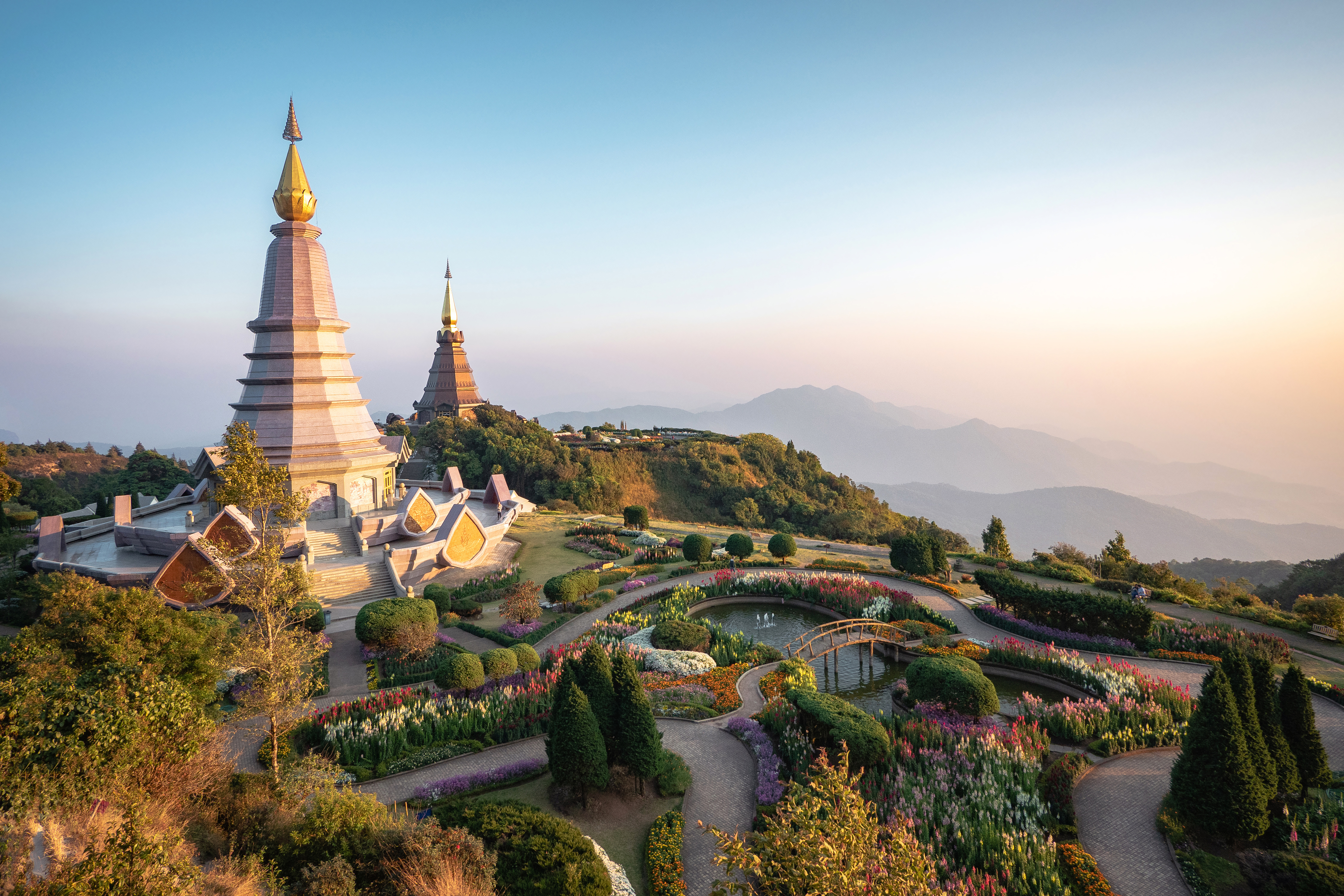 "Doi Inthanon twin pagodas atop Inthanon mountain, the highest in Thailand, near Chiang Mai "