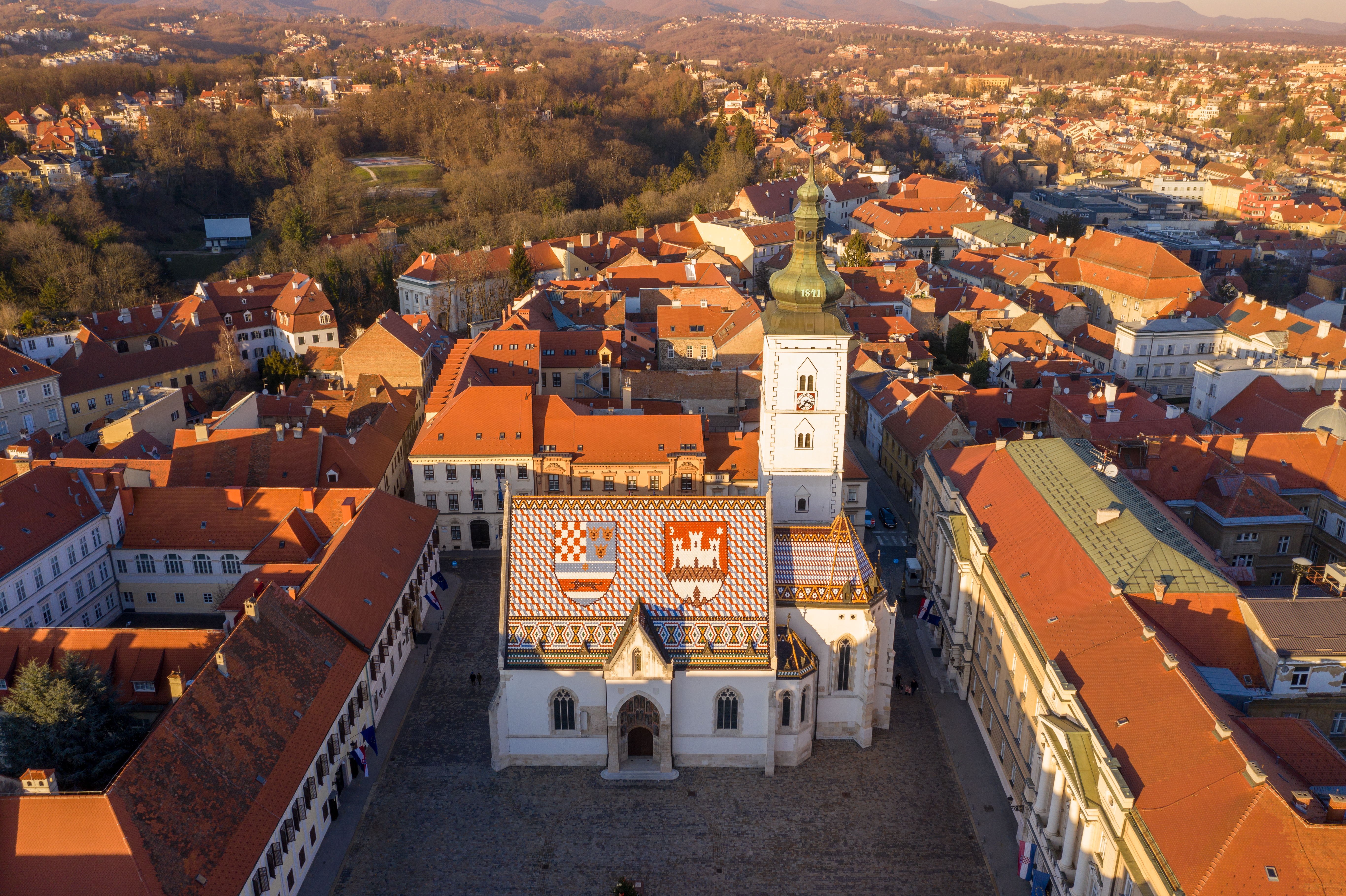 Aerial view at sunset St. Mark's Church in Zagreb