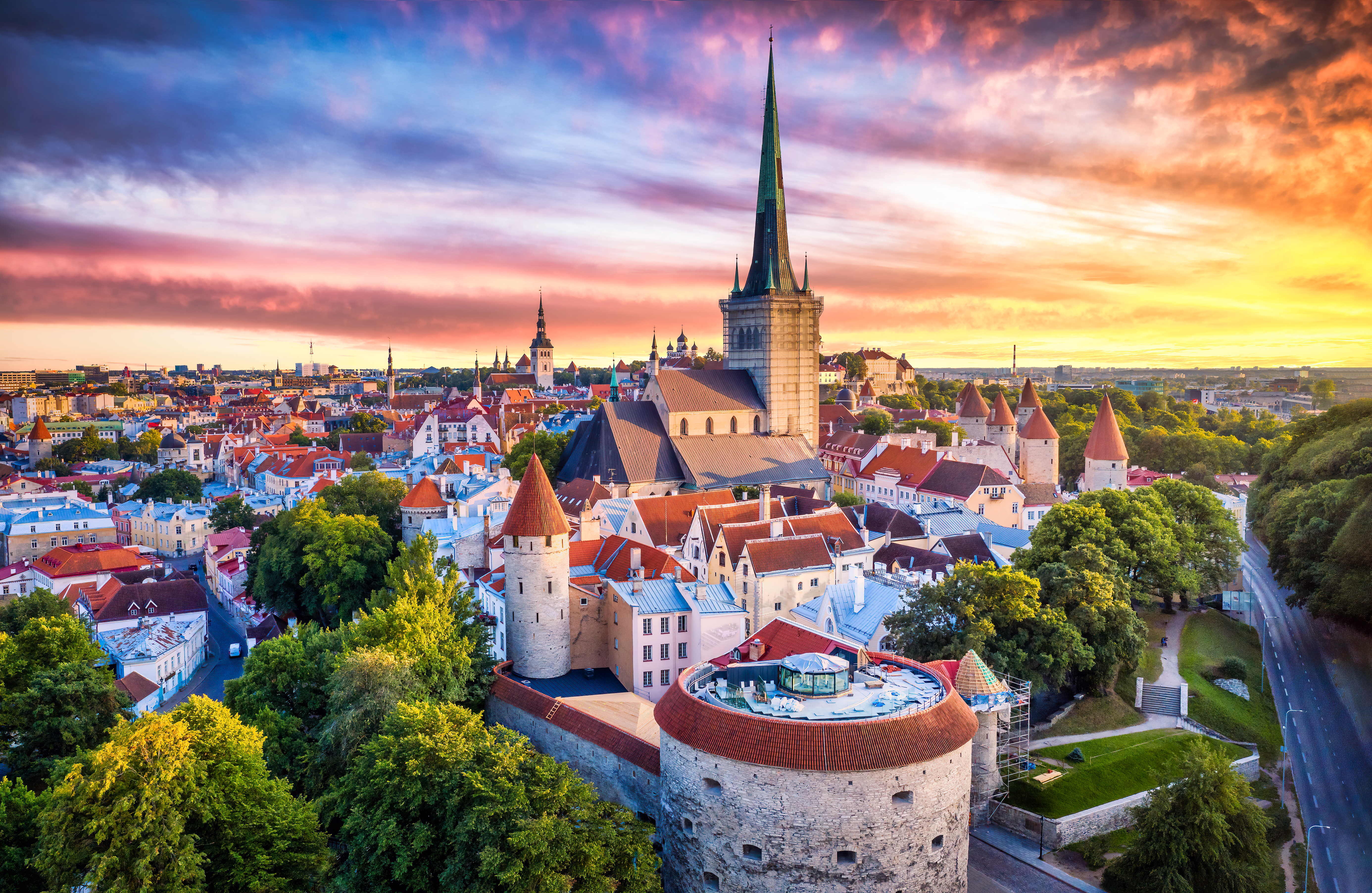 Tallinn Old Town aerial view from fat Margaret tower at sunset