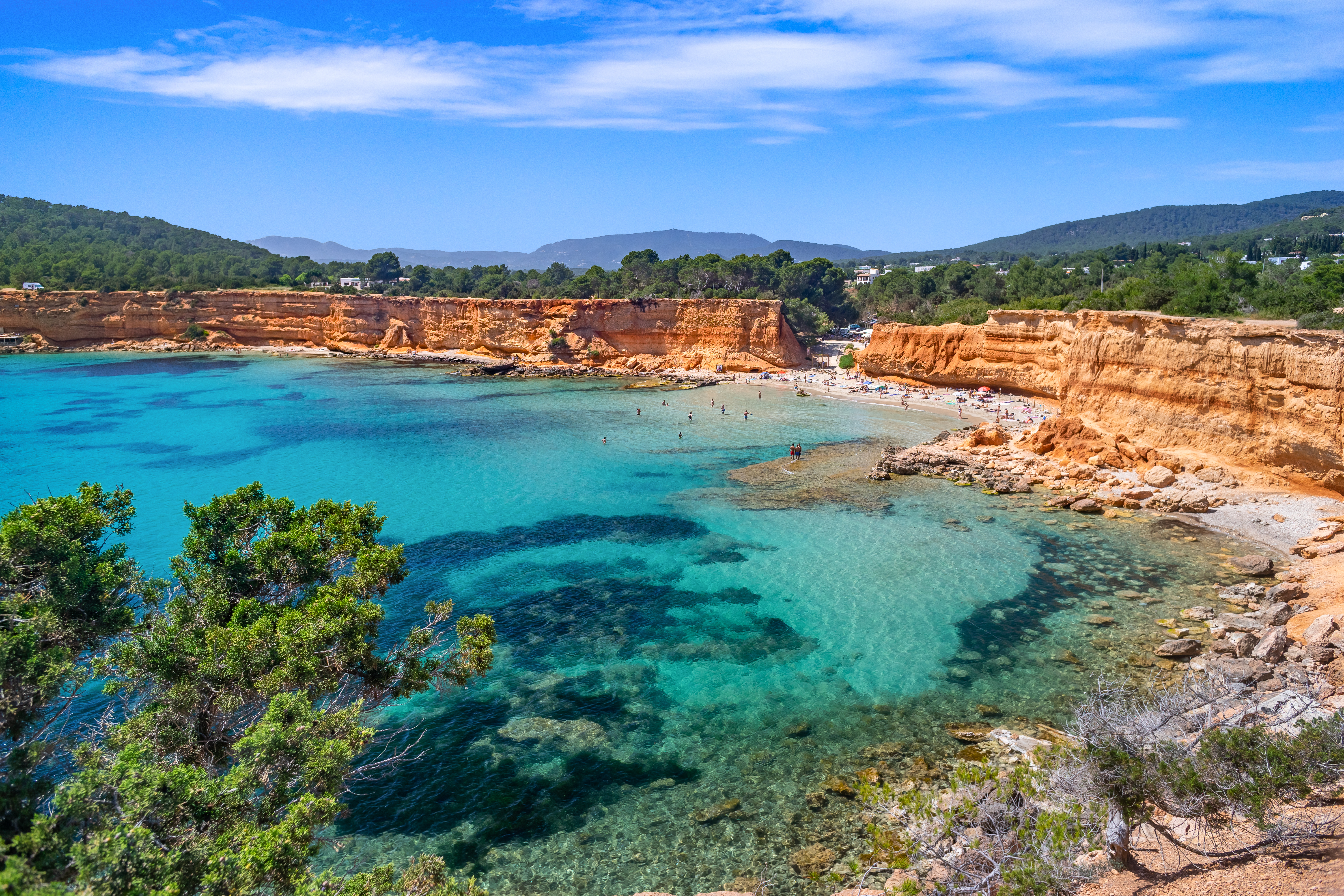 Bright light of a summer noon, transparent waters marbled with Posidonia meadows, sparse bathers on the beach.
