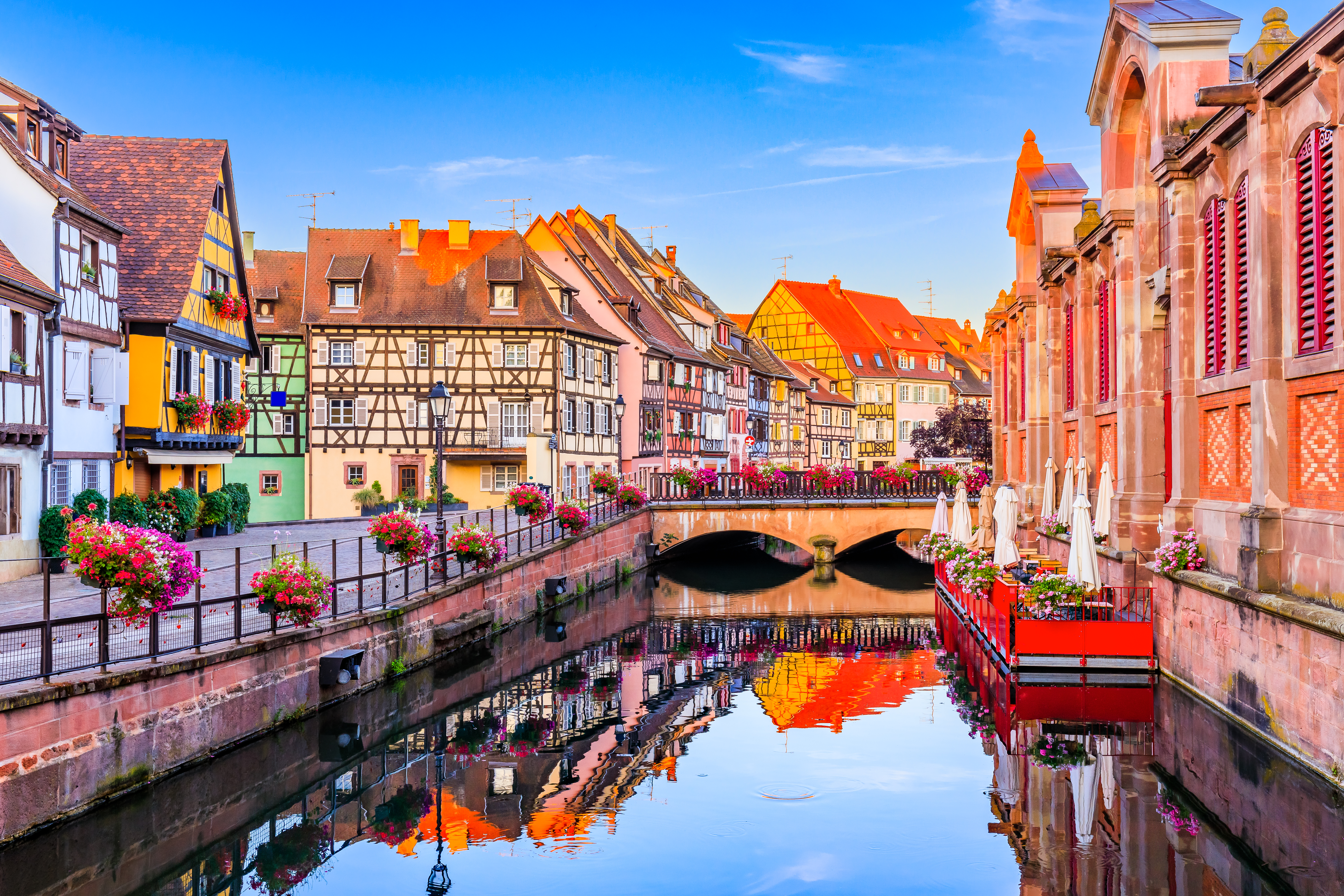 Colmar, Alsace, France - Water canal and traditional half timbered houses