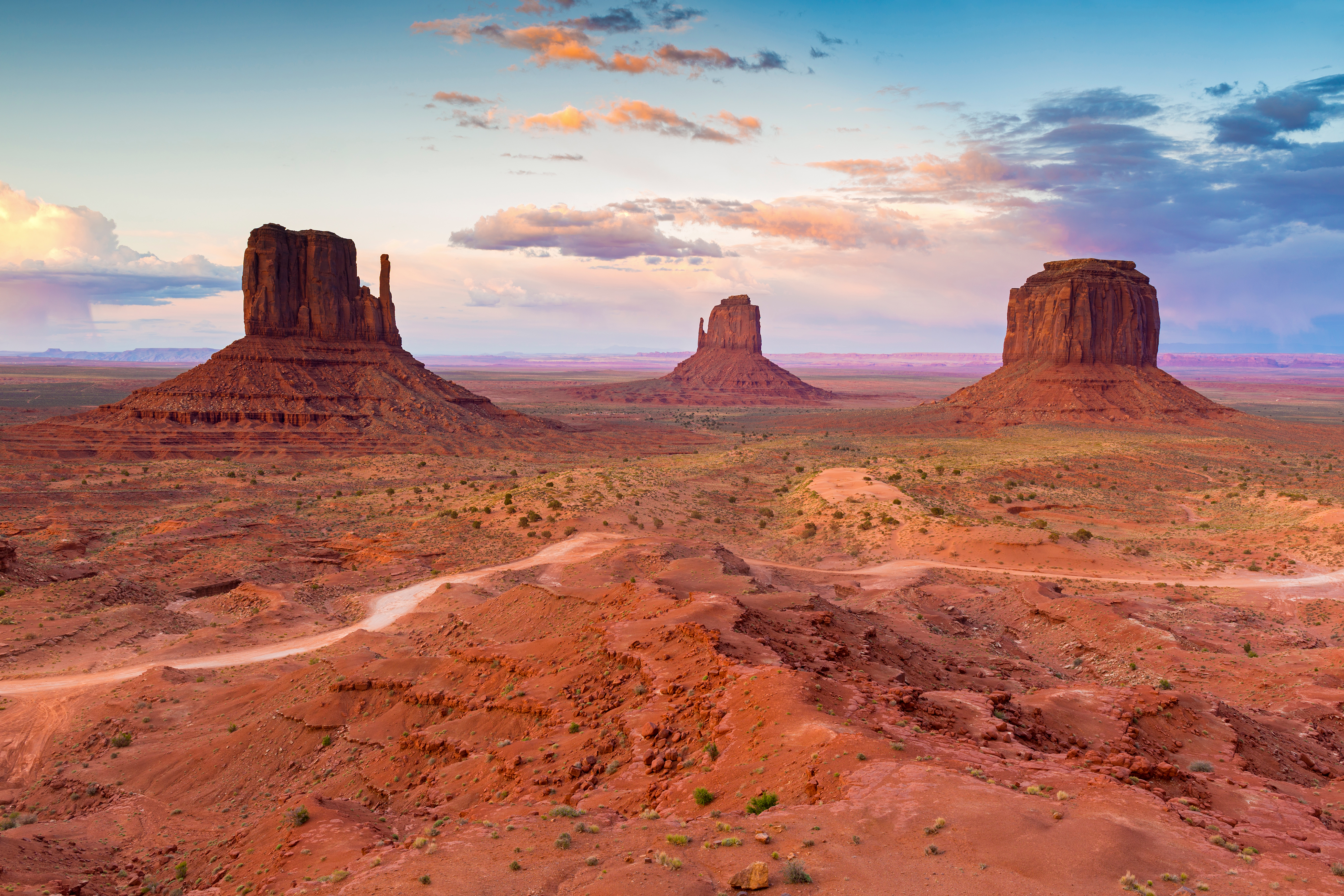 Wide angle panoramic view of the rock formations and desert