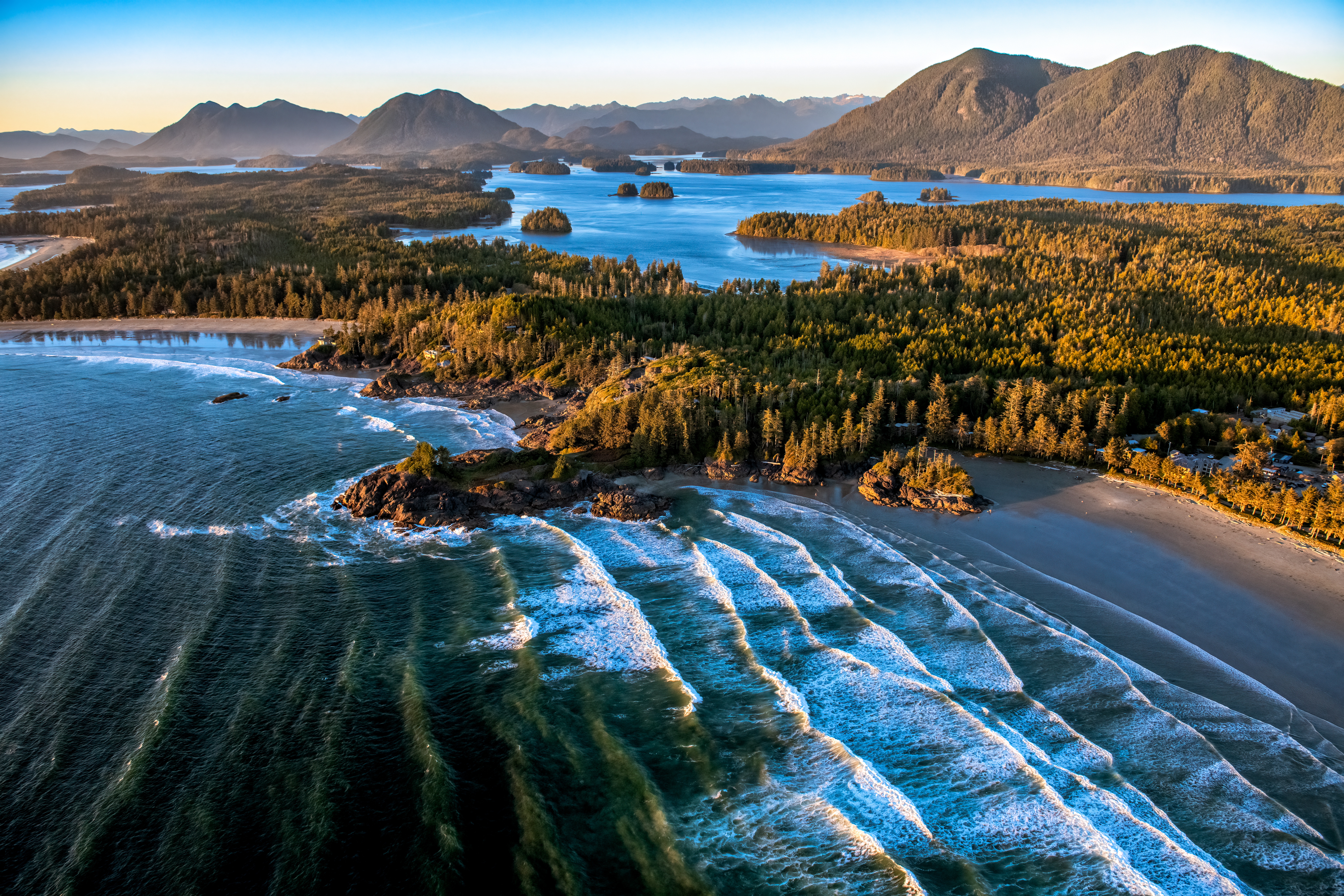 Aerial shot of Cox Bay Beach, Tofino, BC