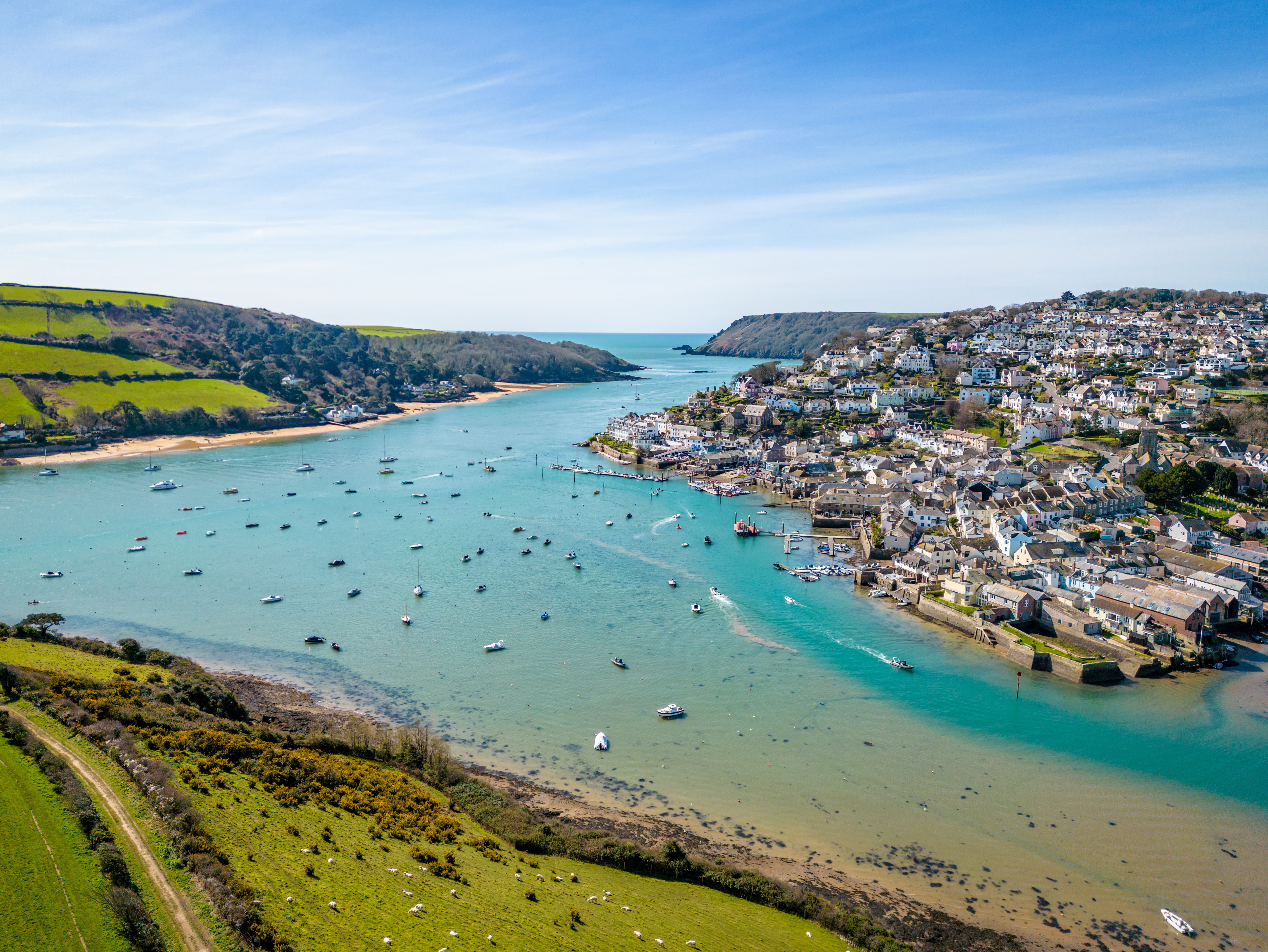 View to the sea, boats and town from above