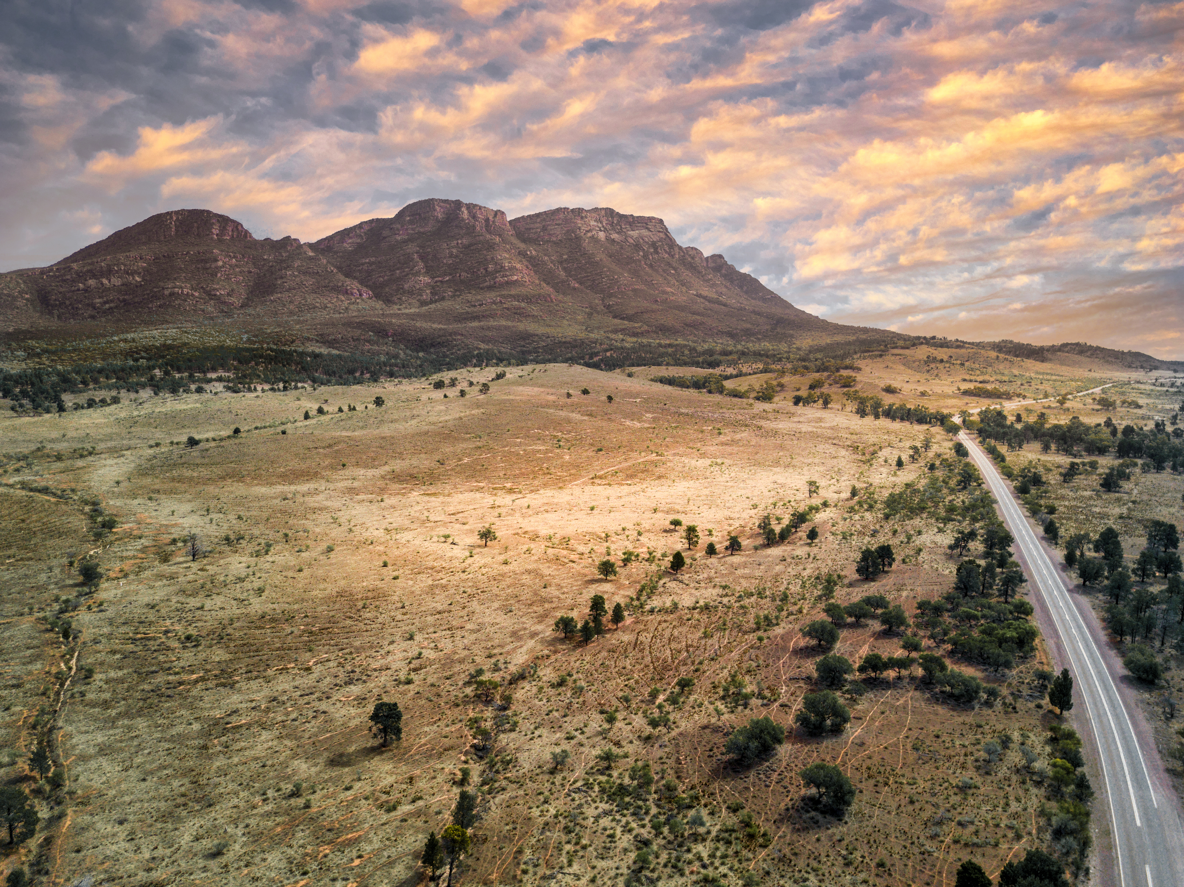 Aerial view of Wilpena Pound and road in the Flinders ranges