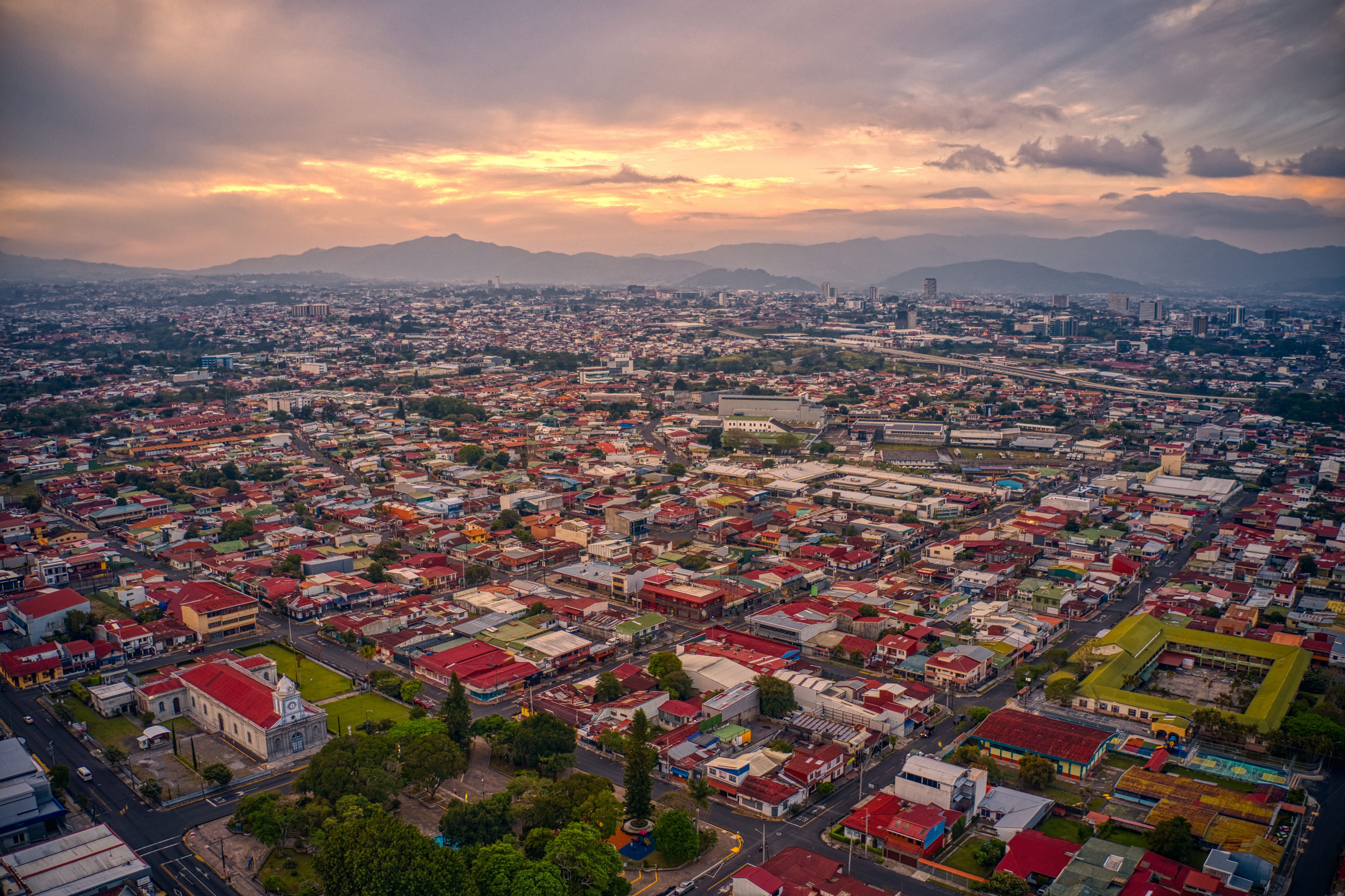 Aerial view of the many red tiled roofs in the capital city of Costa Rica, San Jose 