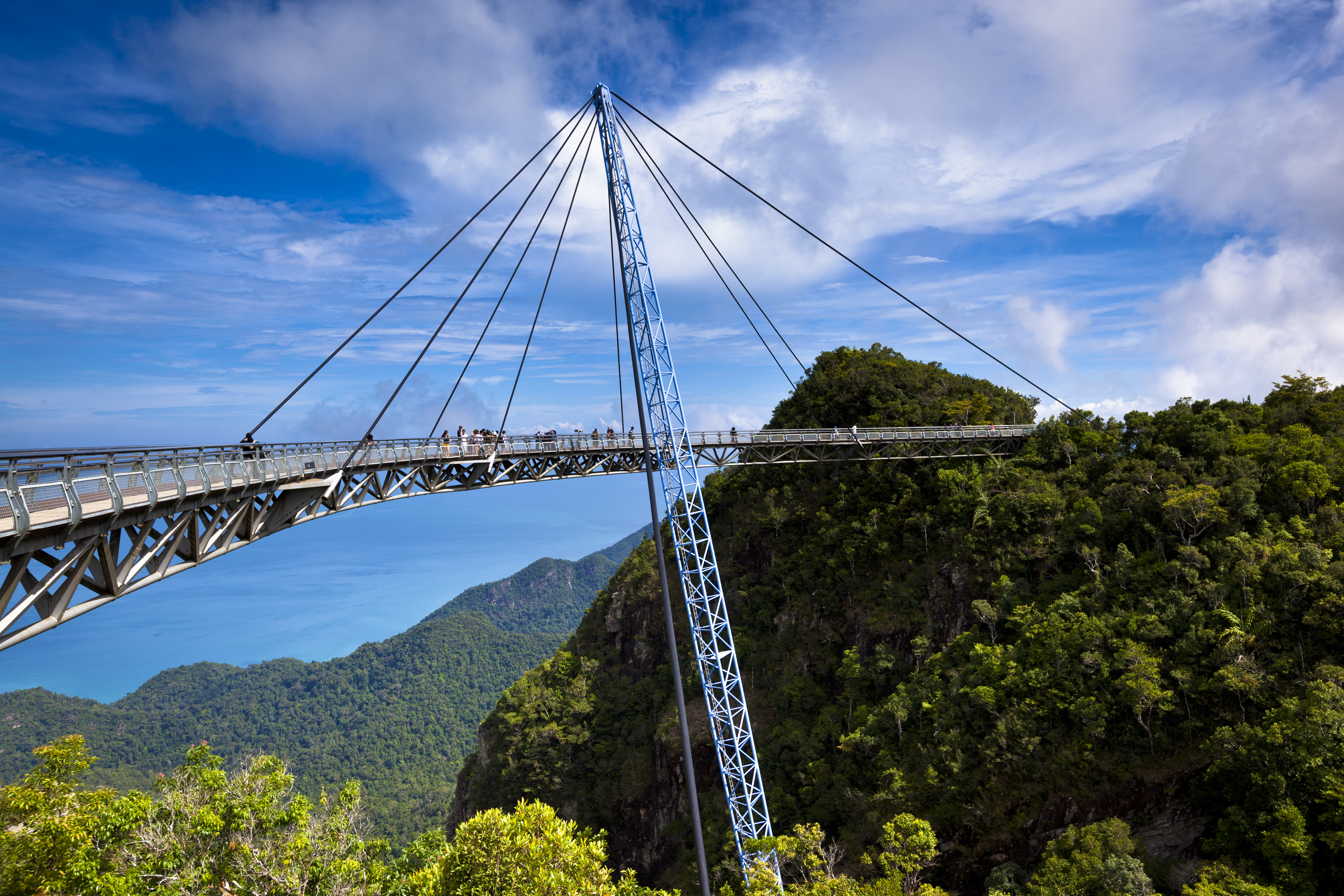  Cantelivered Sky Bridge on Langkawi island over the tropical rainforest island landscape in Langkawi, Malaysia