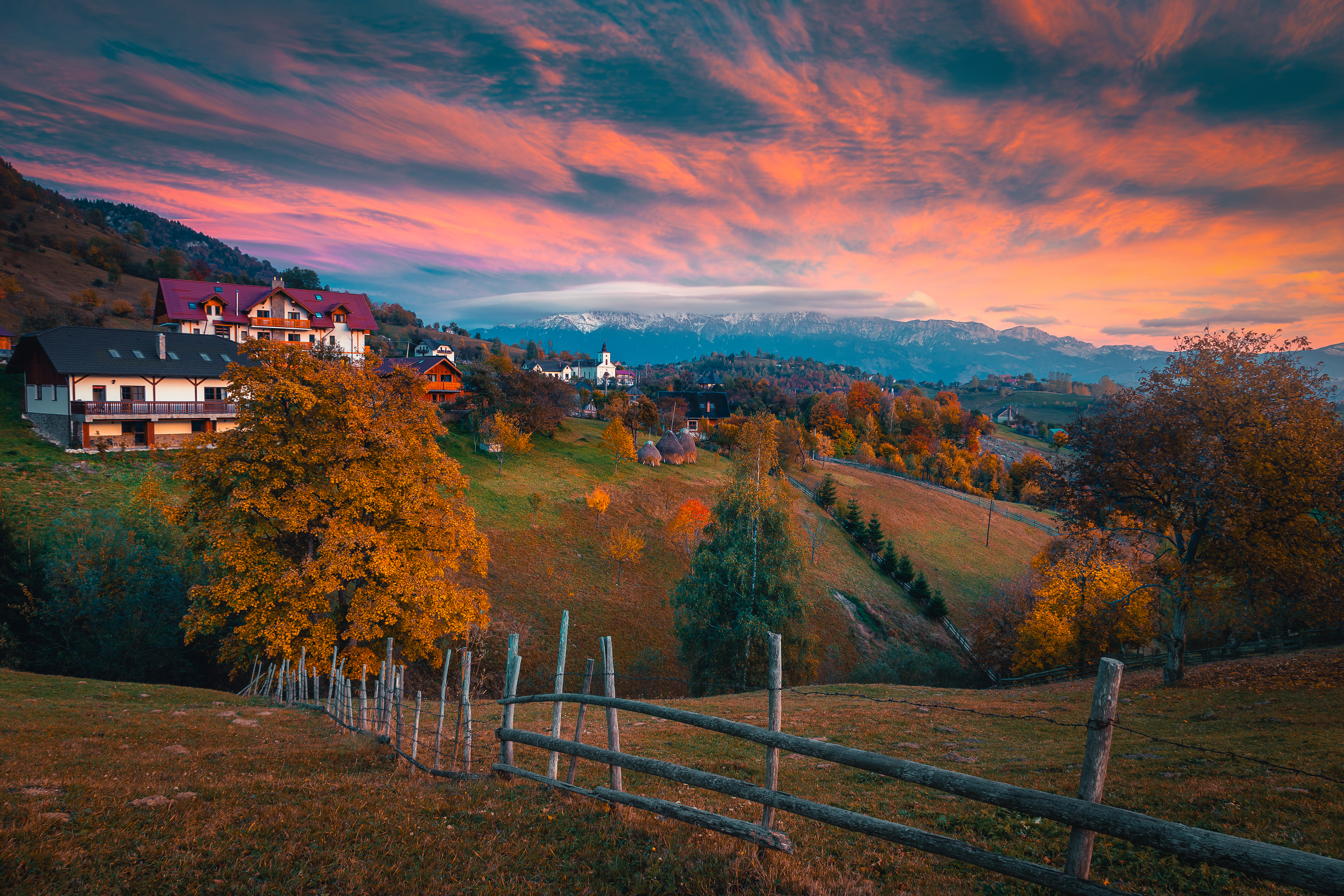 Spectacular autumn rural scenery at sunset, Magura mountain village in the Carpathians,  Romania