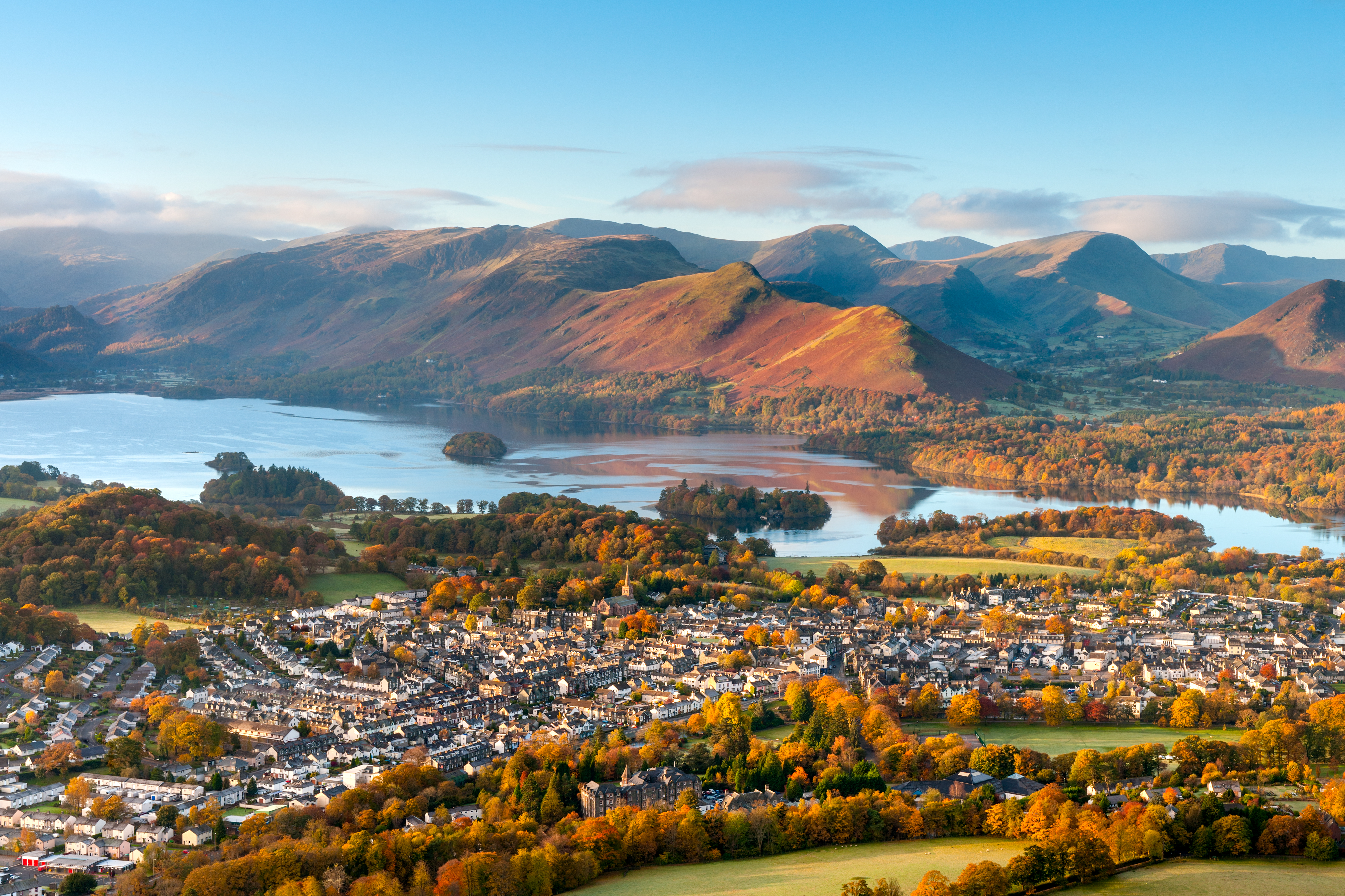 Aerial view of keswick town and surrounding mountains with Lake District National Park