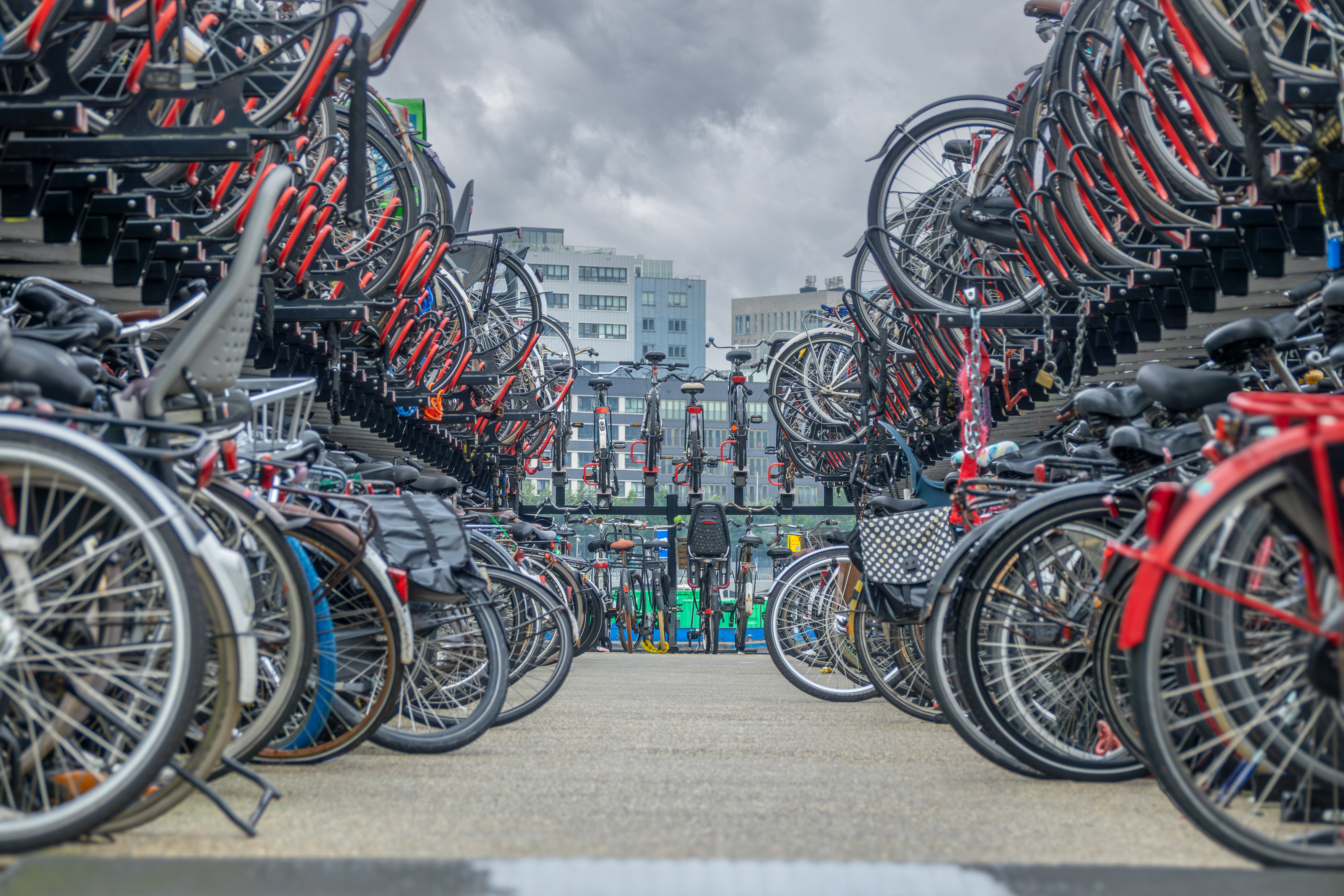 Lots of bicycles in a two-story bicycle parking area near Amsterdam Central Station